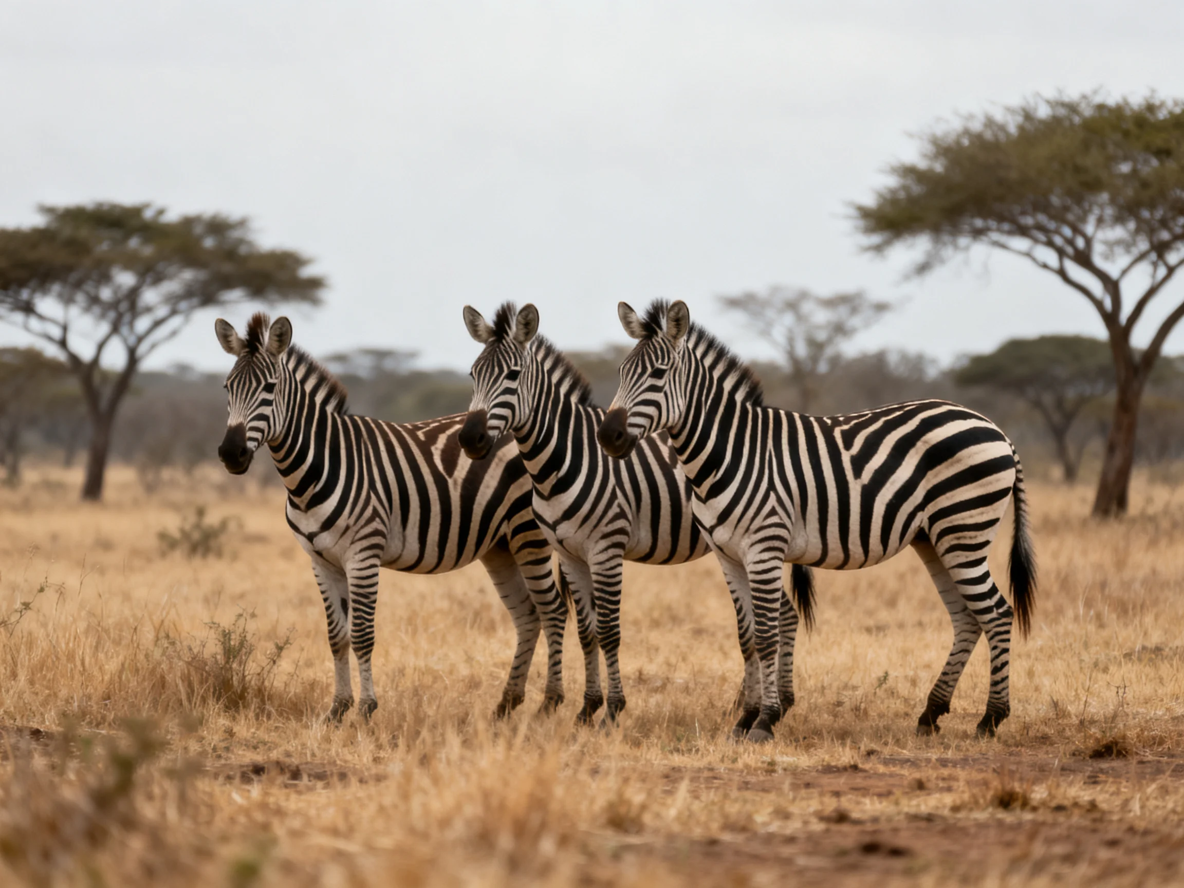 Three zebras with bold black and white stripes in a dry savannah