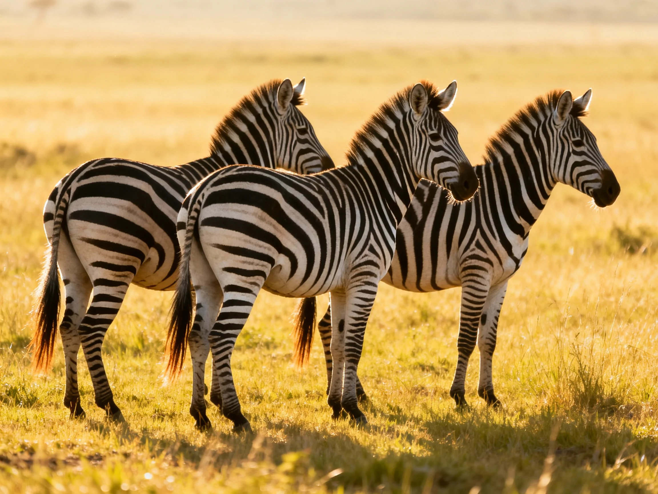 Three zebras with striped patterns gather in a sunlit savannah field.