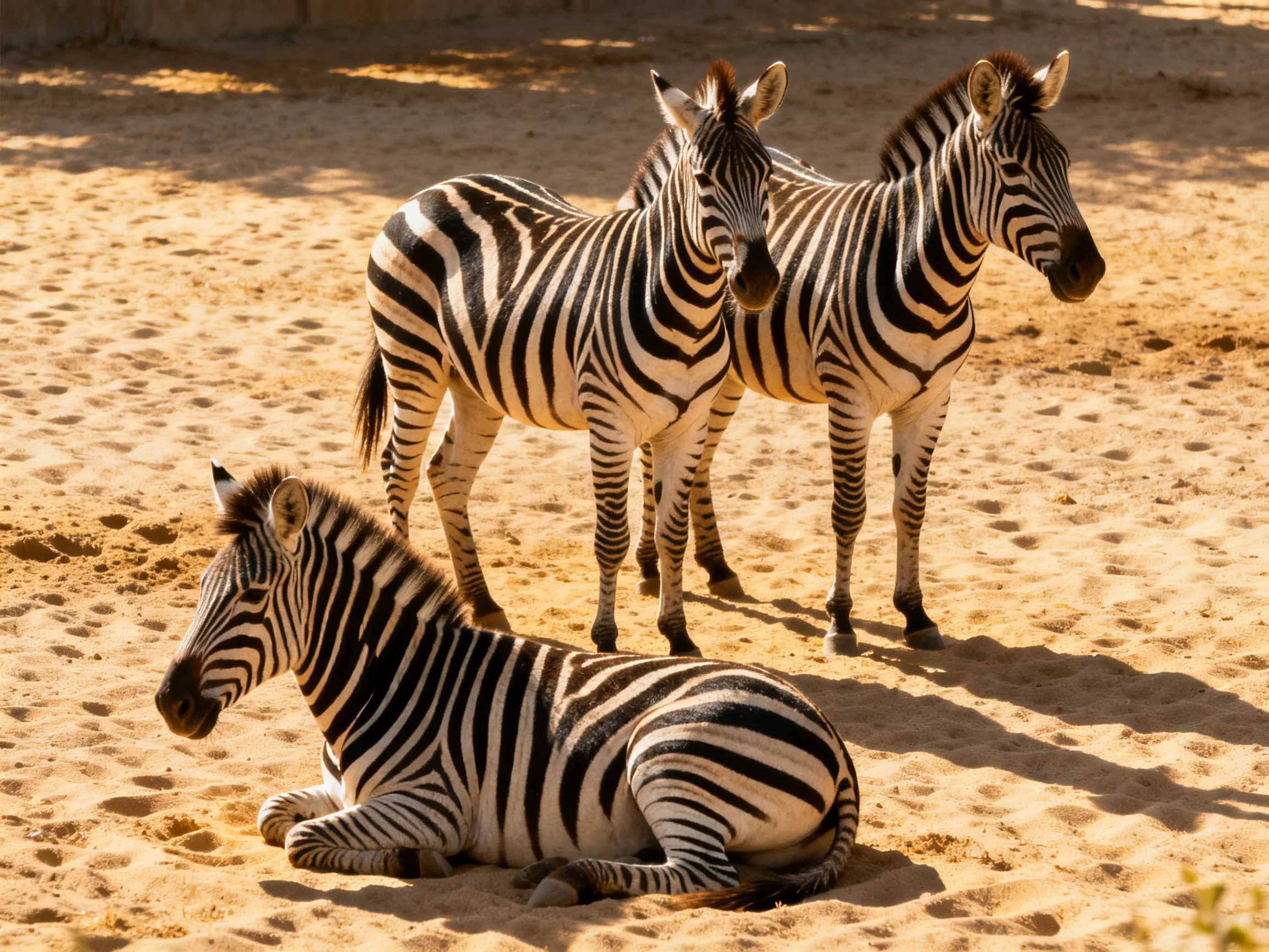 Three zebras, two standing and one resting, are on sandy ground.