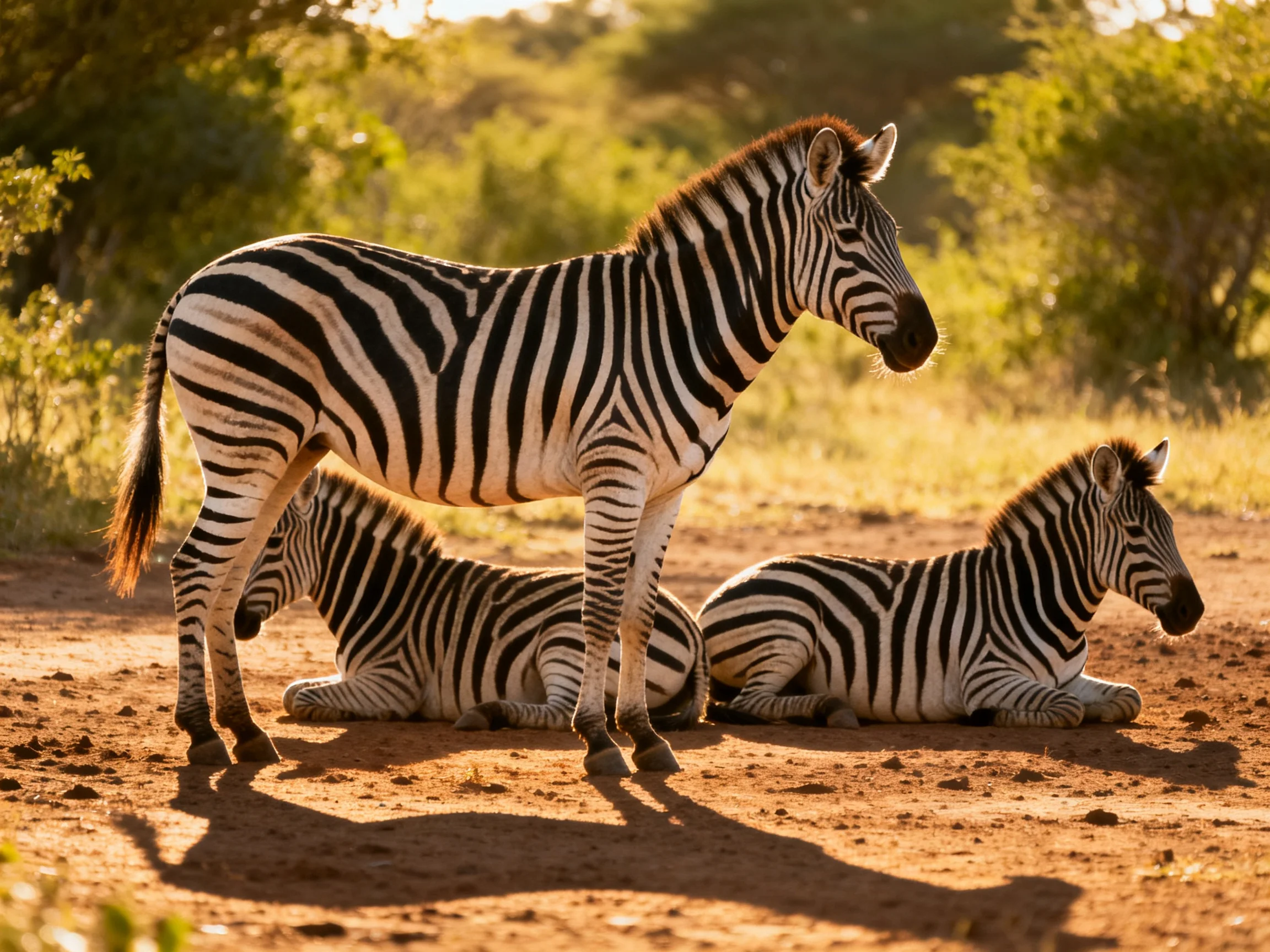 Three zebras with bold black-and-white stripes rest in a sunlit savannah
