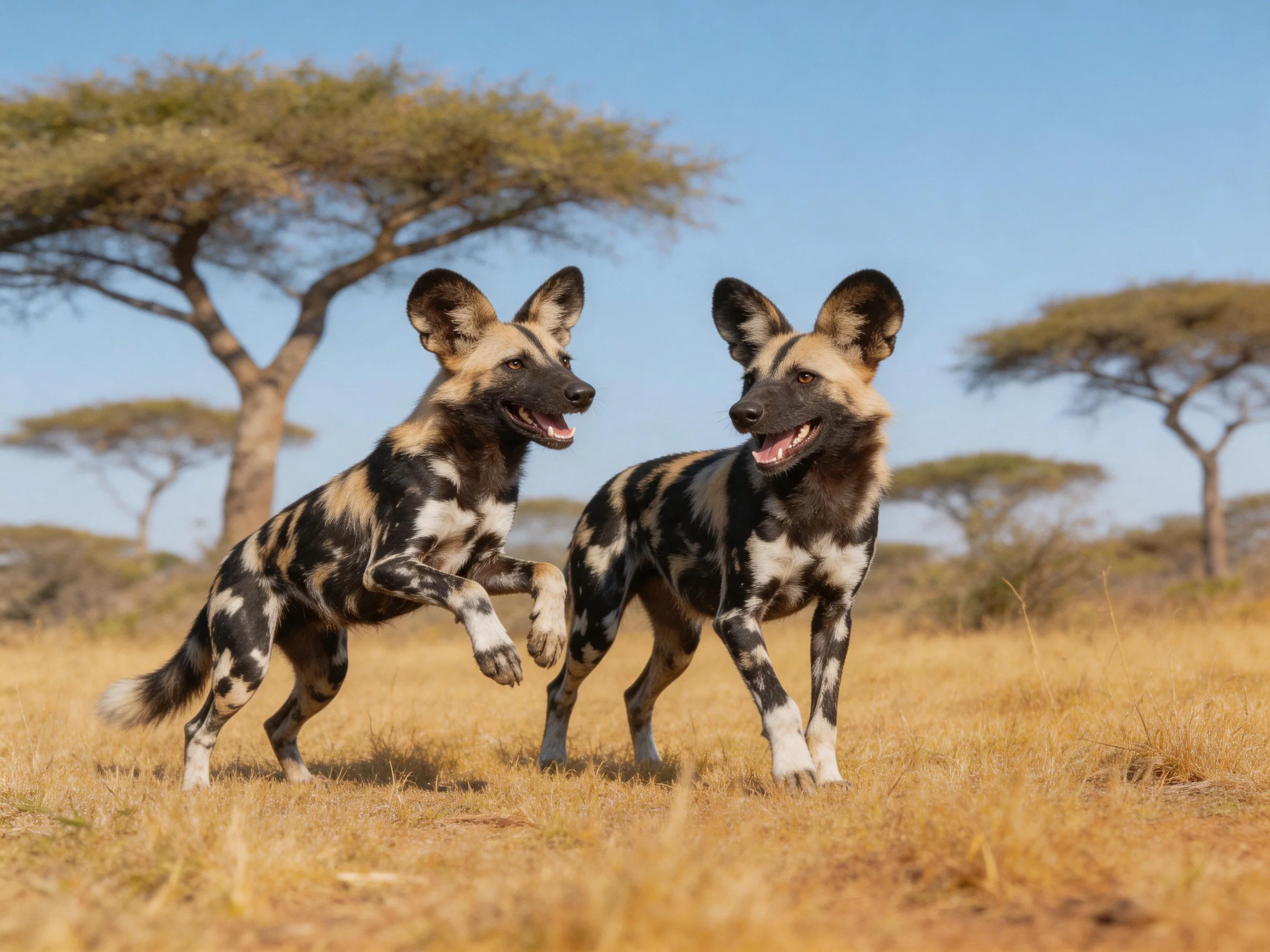 Two African wild dogs play in a golden savannah with acacia trees