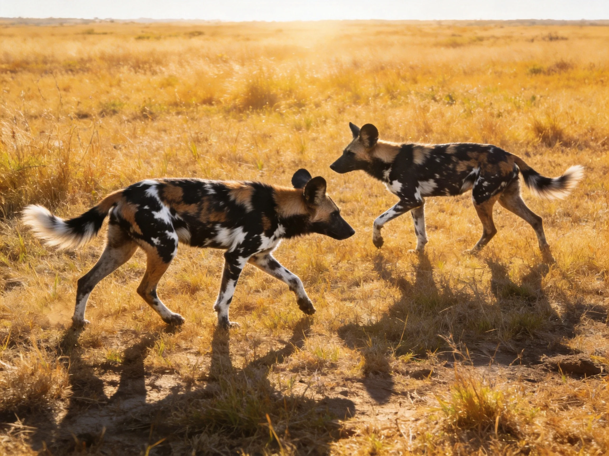 Two African wild dogs with colorful coats traverse a golden savannah
