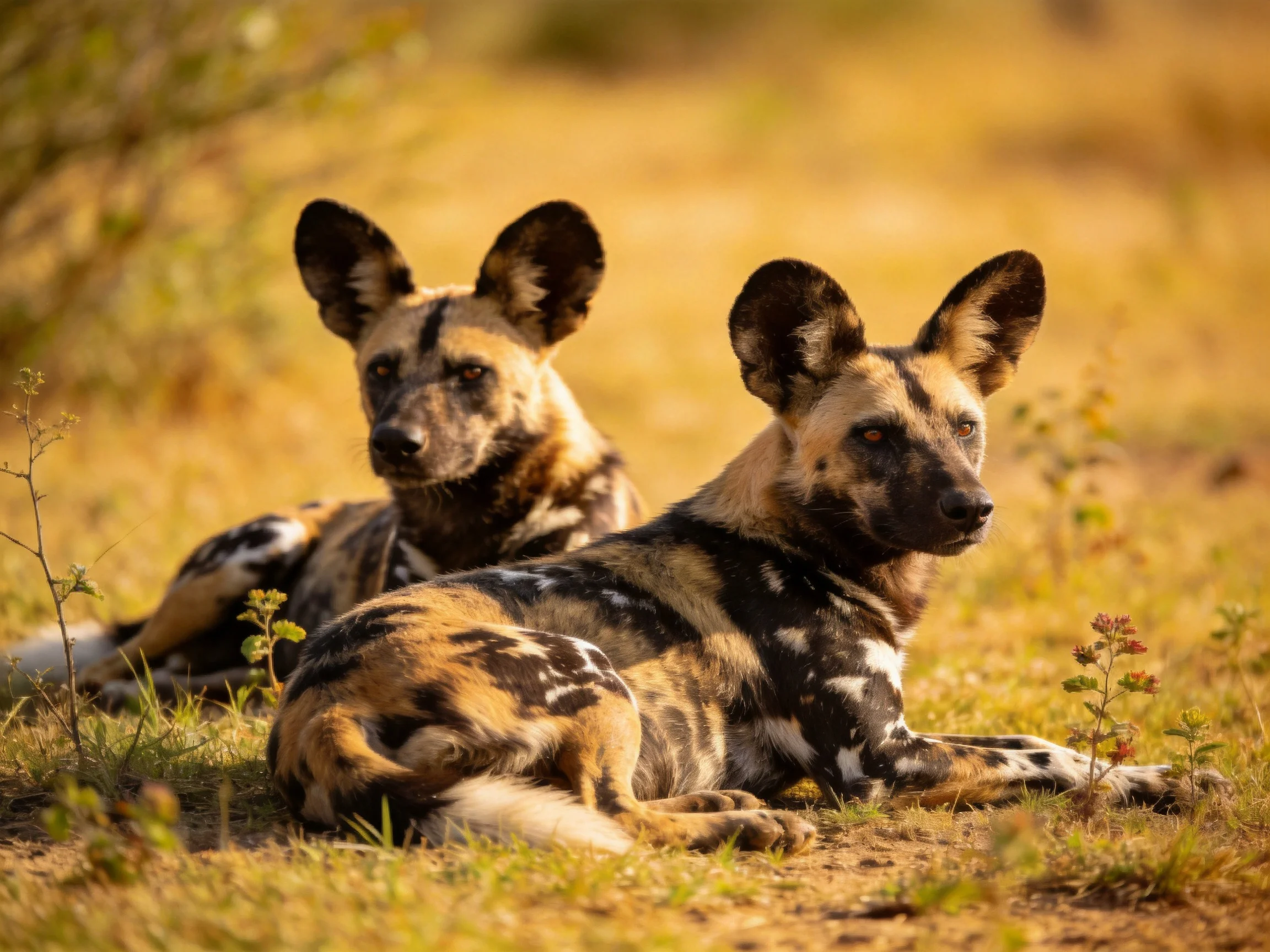 Two African wild dogs with spotted coats rest in a sunlit savannah