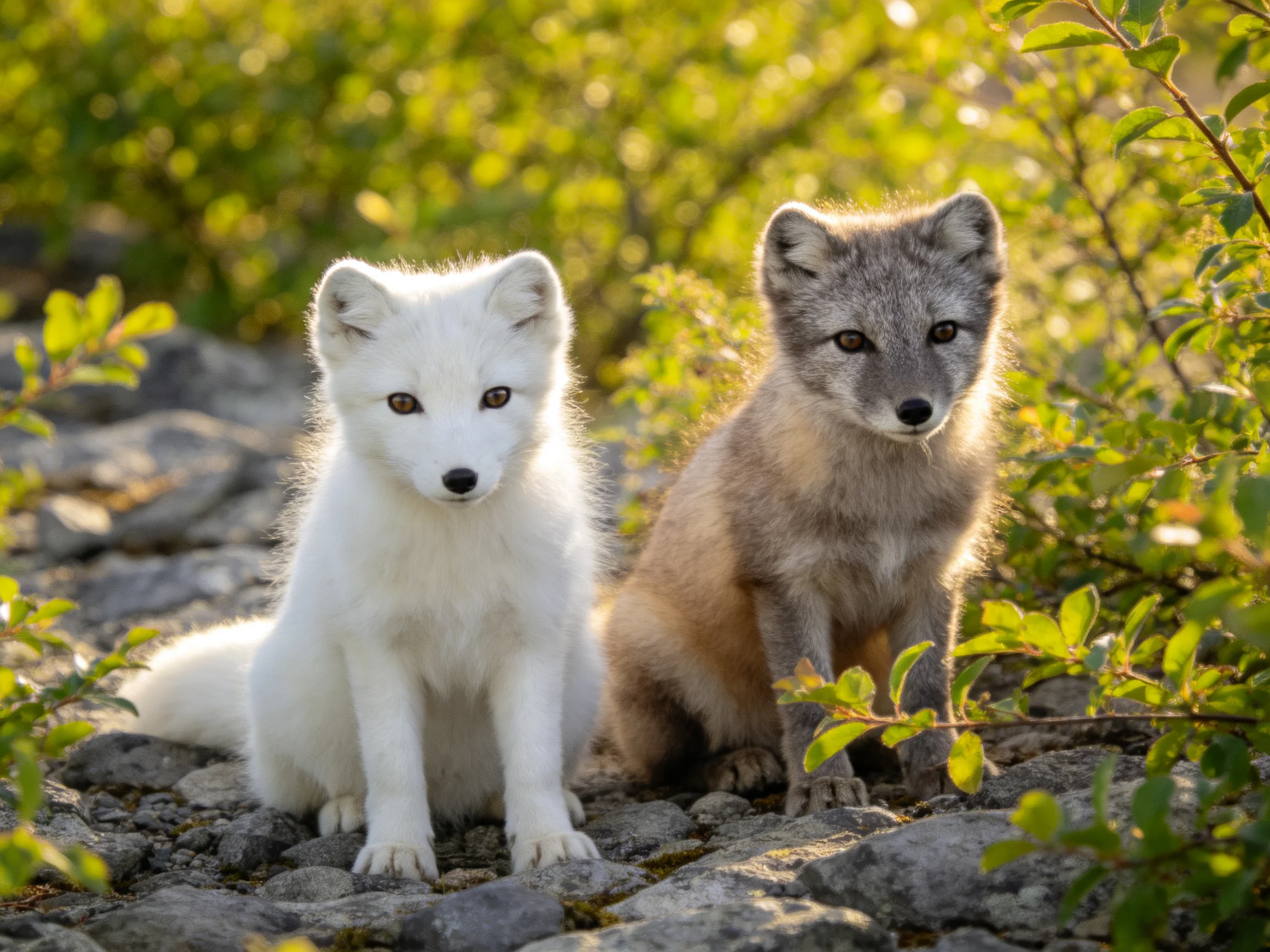 Two Arctic Fox Pups Sitting on Rocks Among Greenery