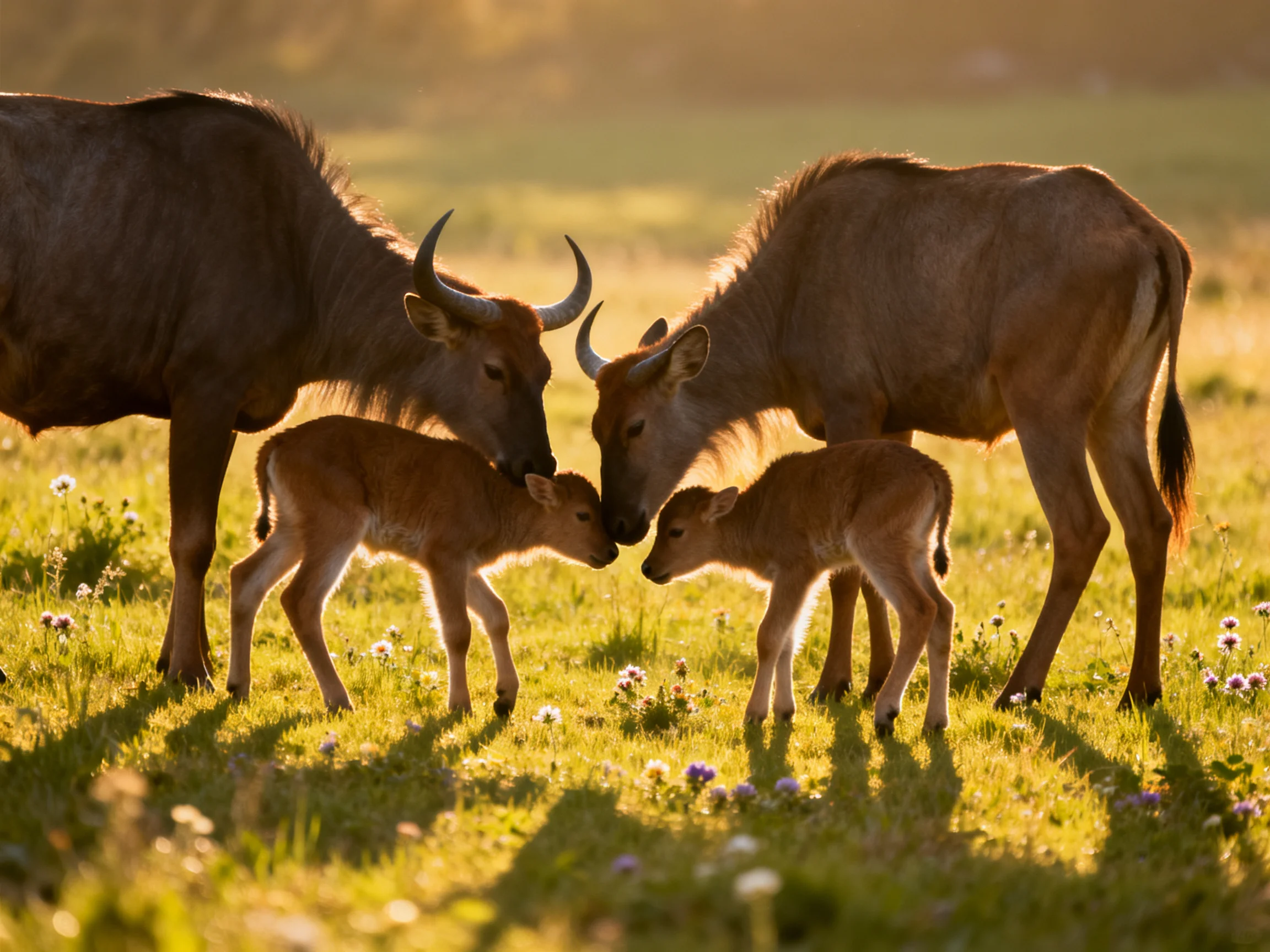 Antelopes and calves nuzzle together in a sunlit grassy meadow.
