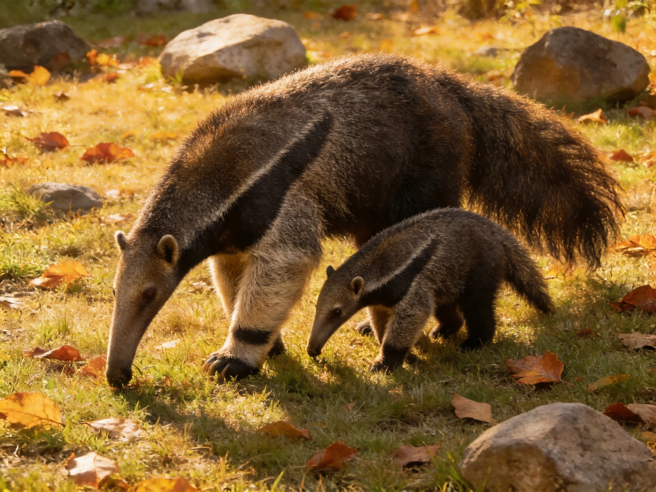 Two anteaters, one large and one small, forage in a leaf-strewn rocky meadow