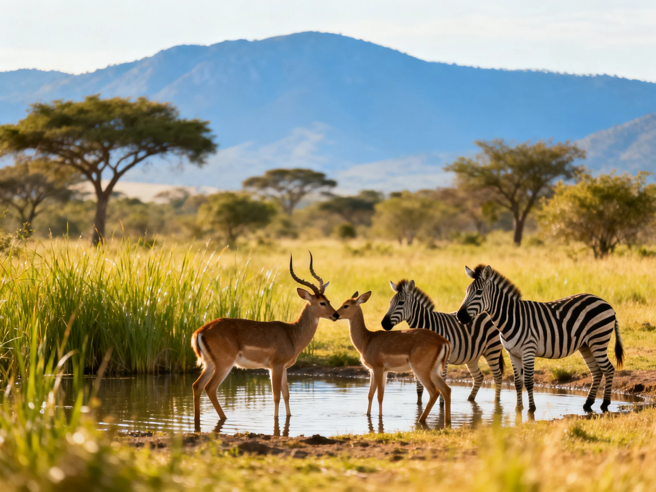 Two antelopes and two zebras at a savannah watering hole