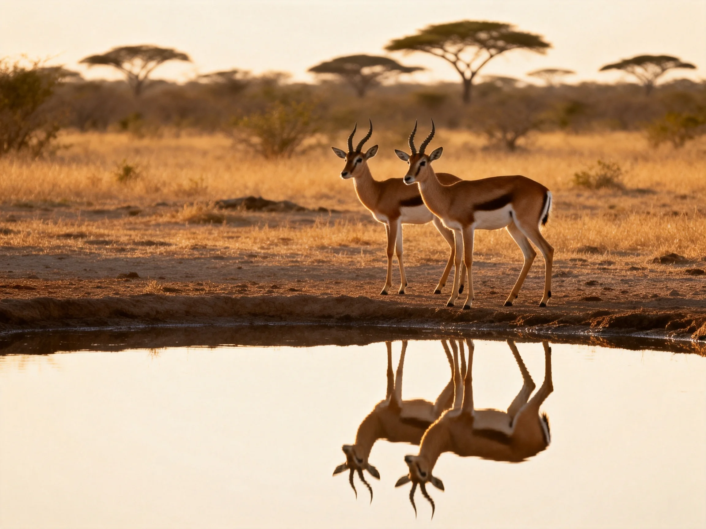 Two antelopes reflect in a calm waterhole amid golden savannah scenery.