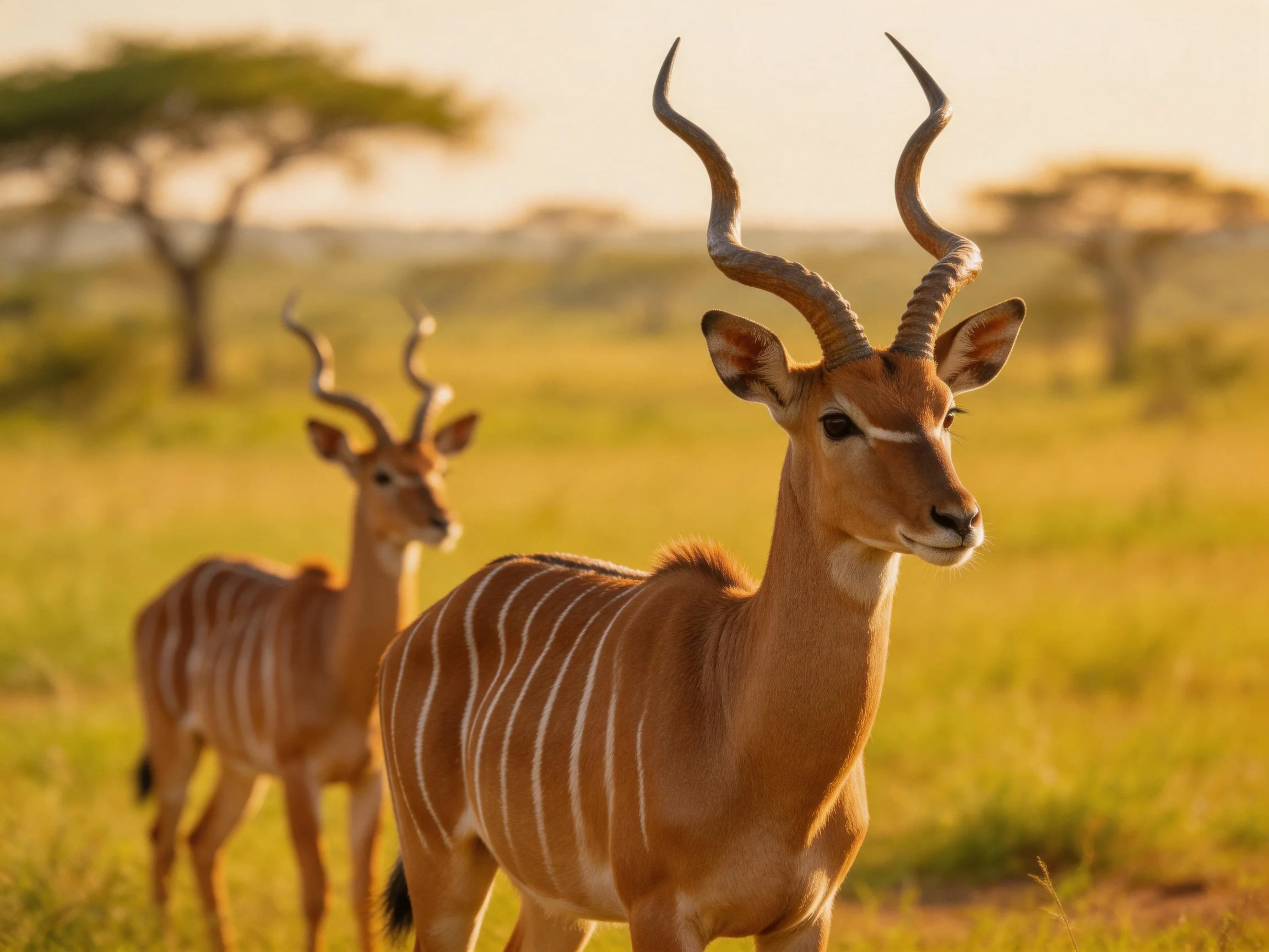 Two antelopes with curved horns and striped coats in golden savannah