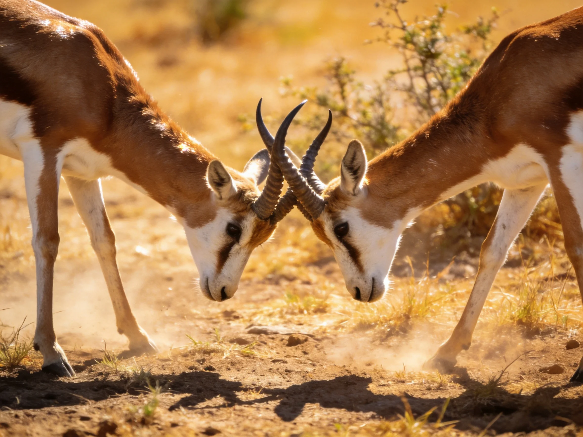 Two antelopes with curved horns clash on dusty savannah terrain
