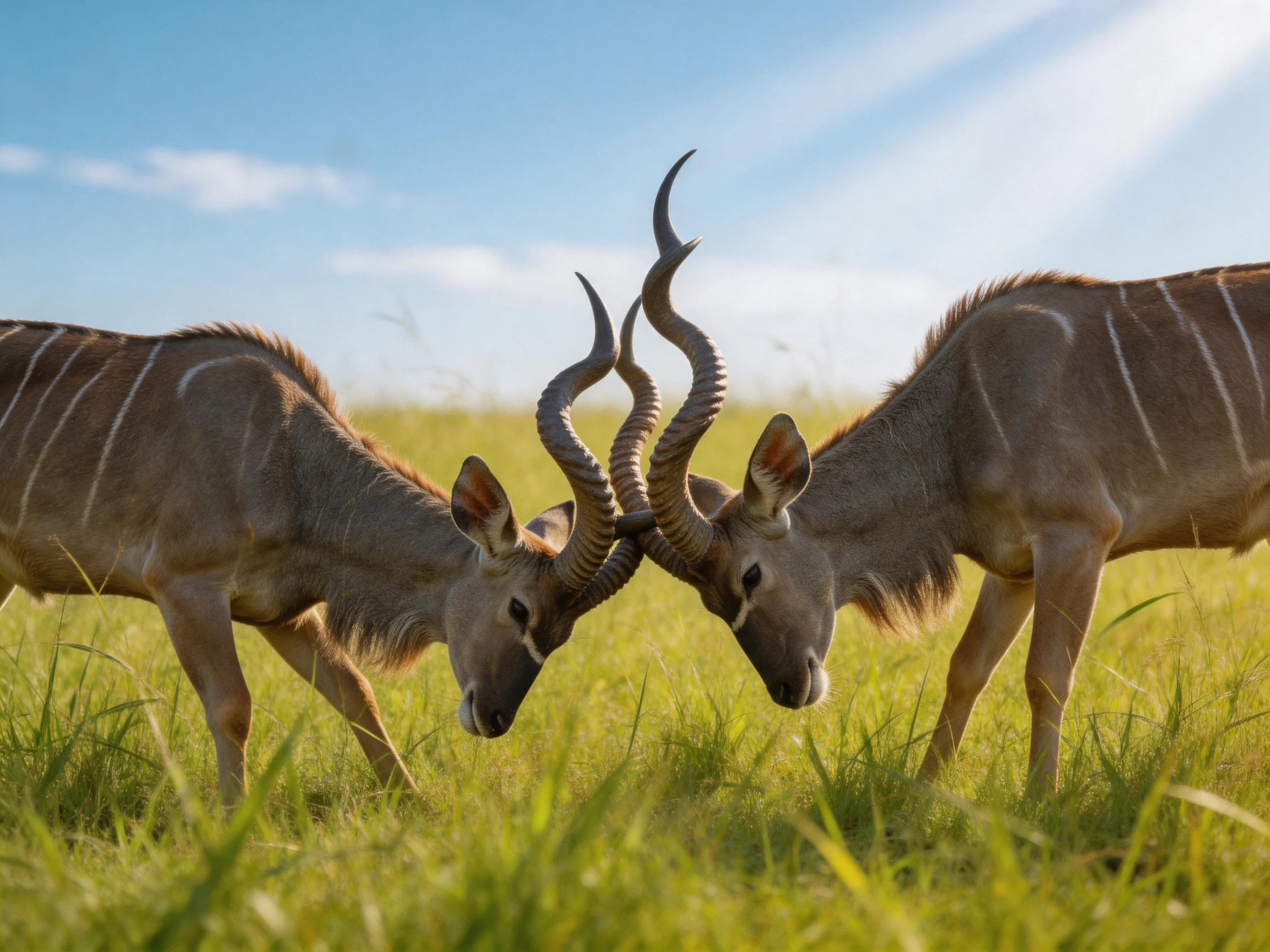 Two antelopes with curved horns face off in sunlit grassland