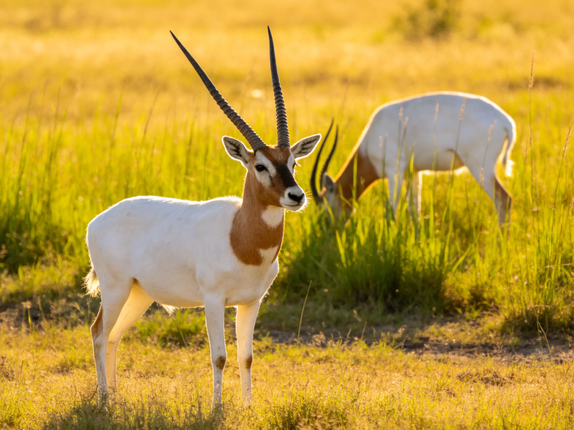 Two antelopes with long curved horns stand and graze in sunlit grasslands.