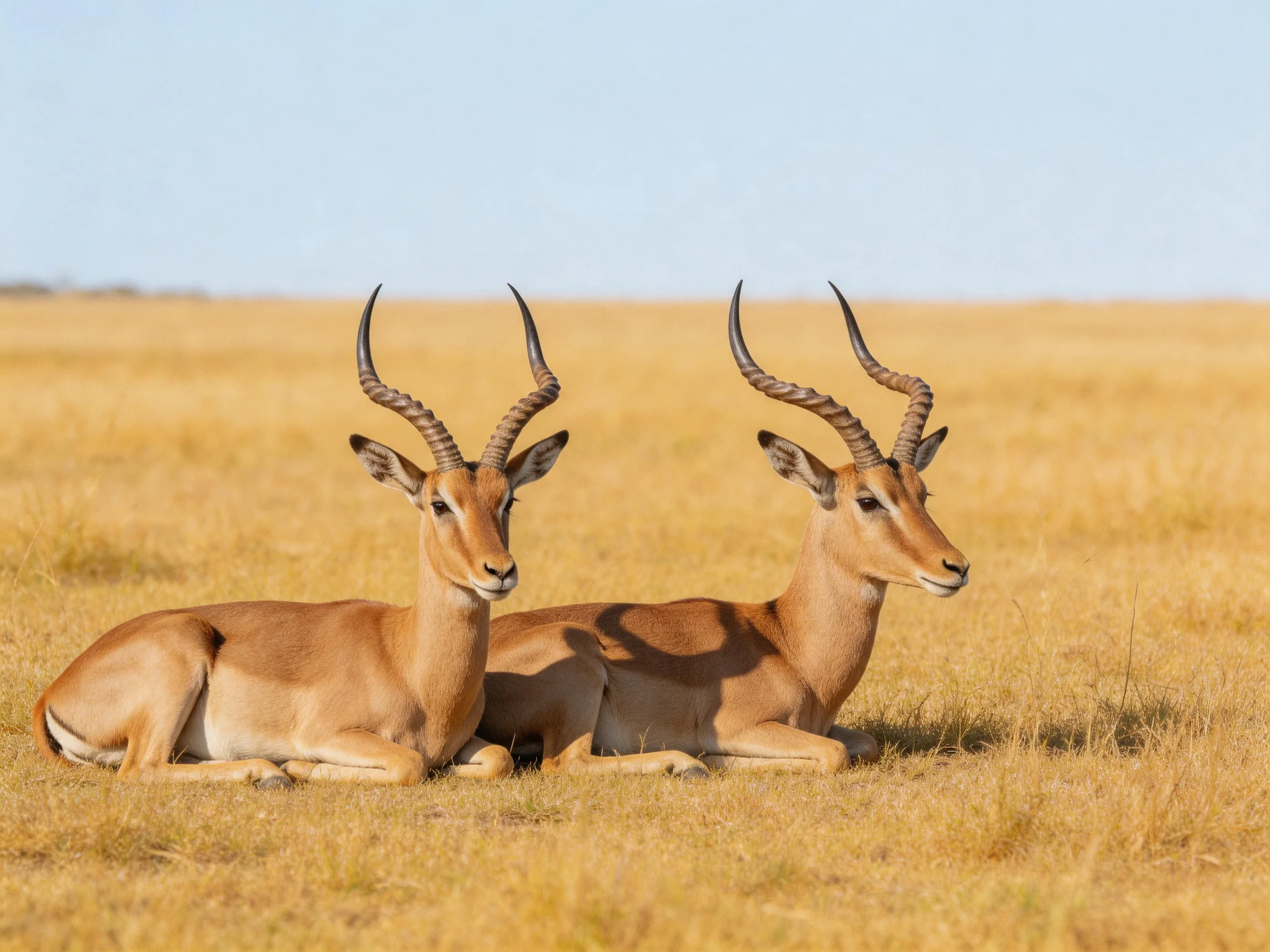 Two antelopes with long horns rest in a golden field