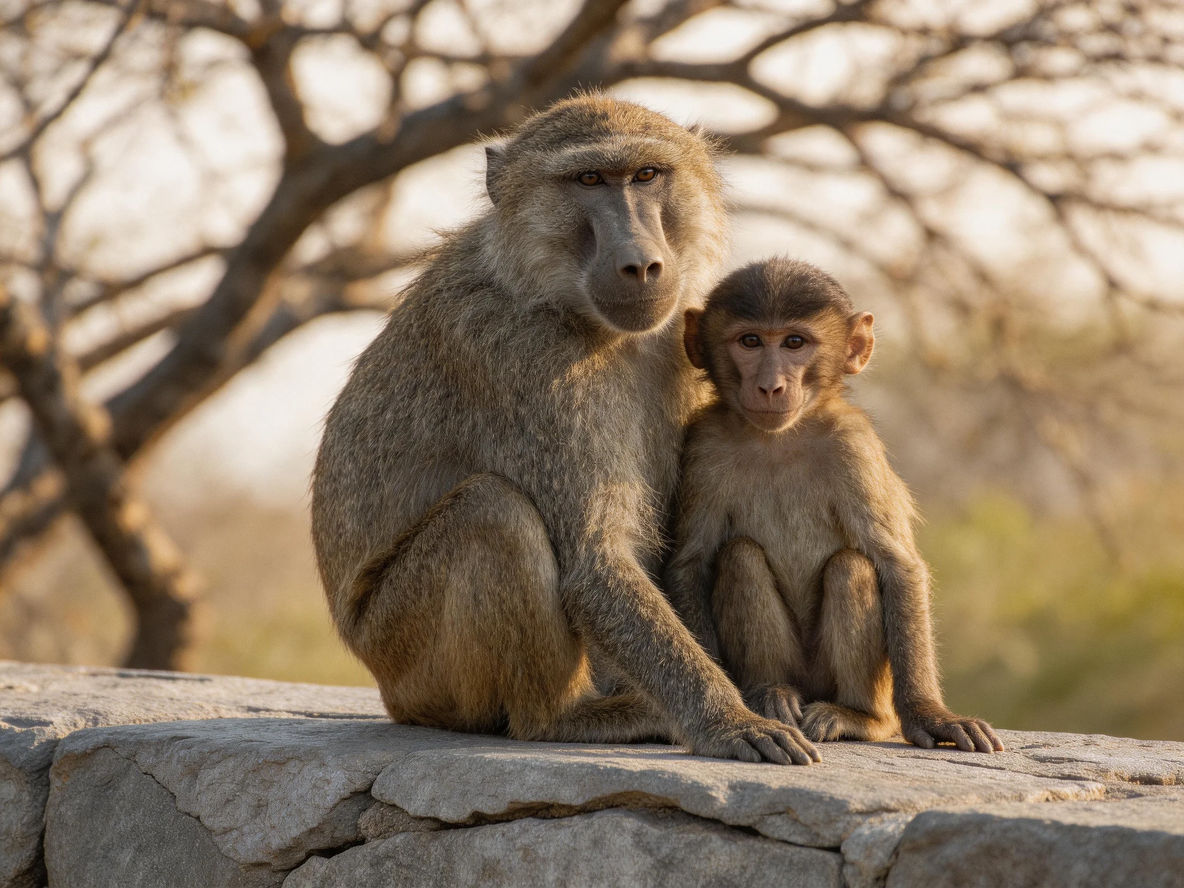 Two baboons, one adult and one young, sit on a stone ledge near bare trees