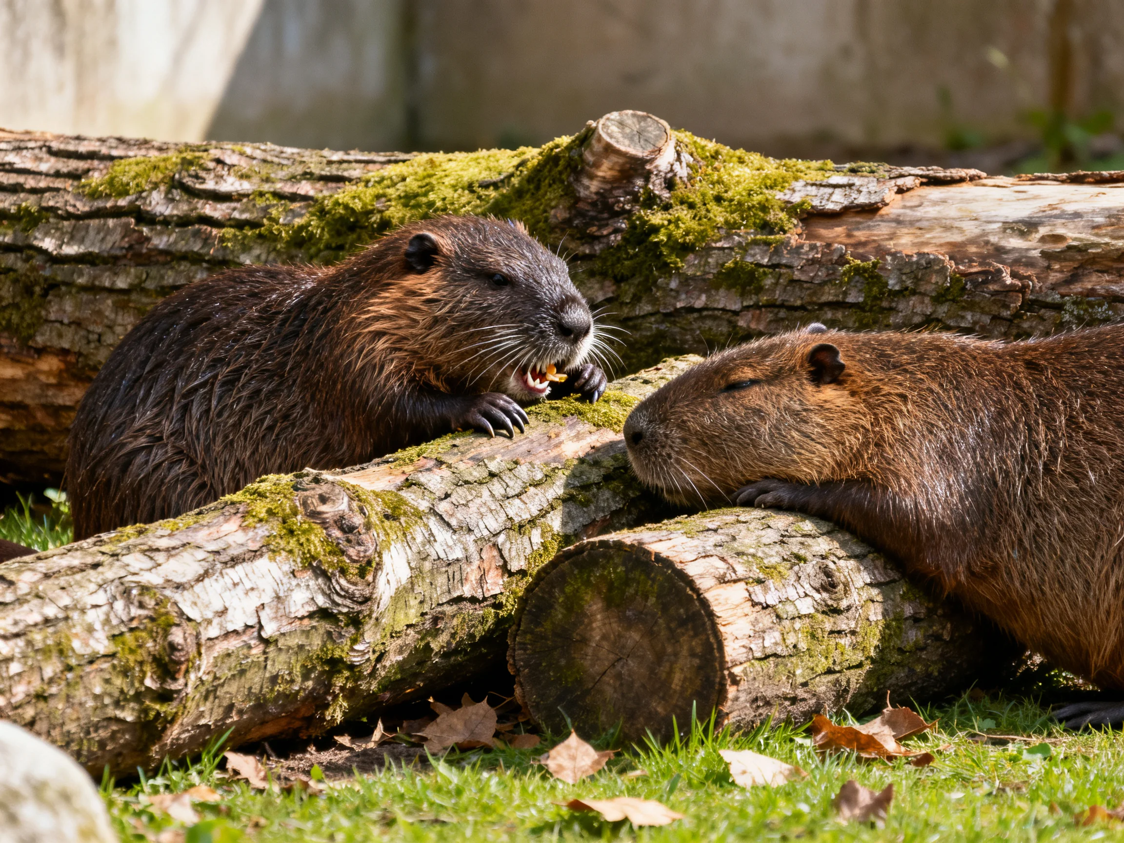 Two beavers interact near moss-covered wooden logs