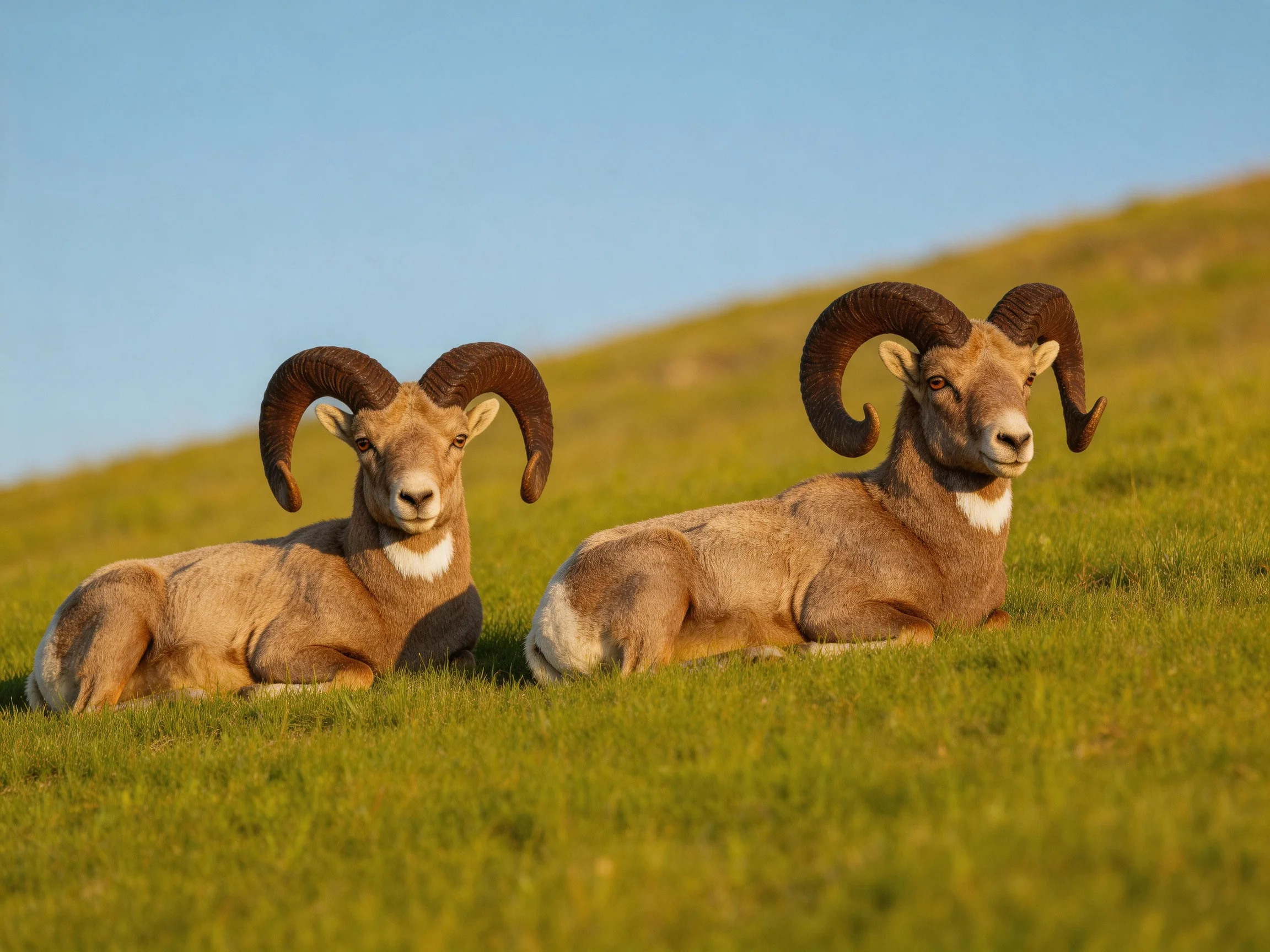 Two bighorn rams rest on a lush green hillside with large curved horns