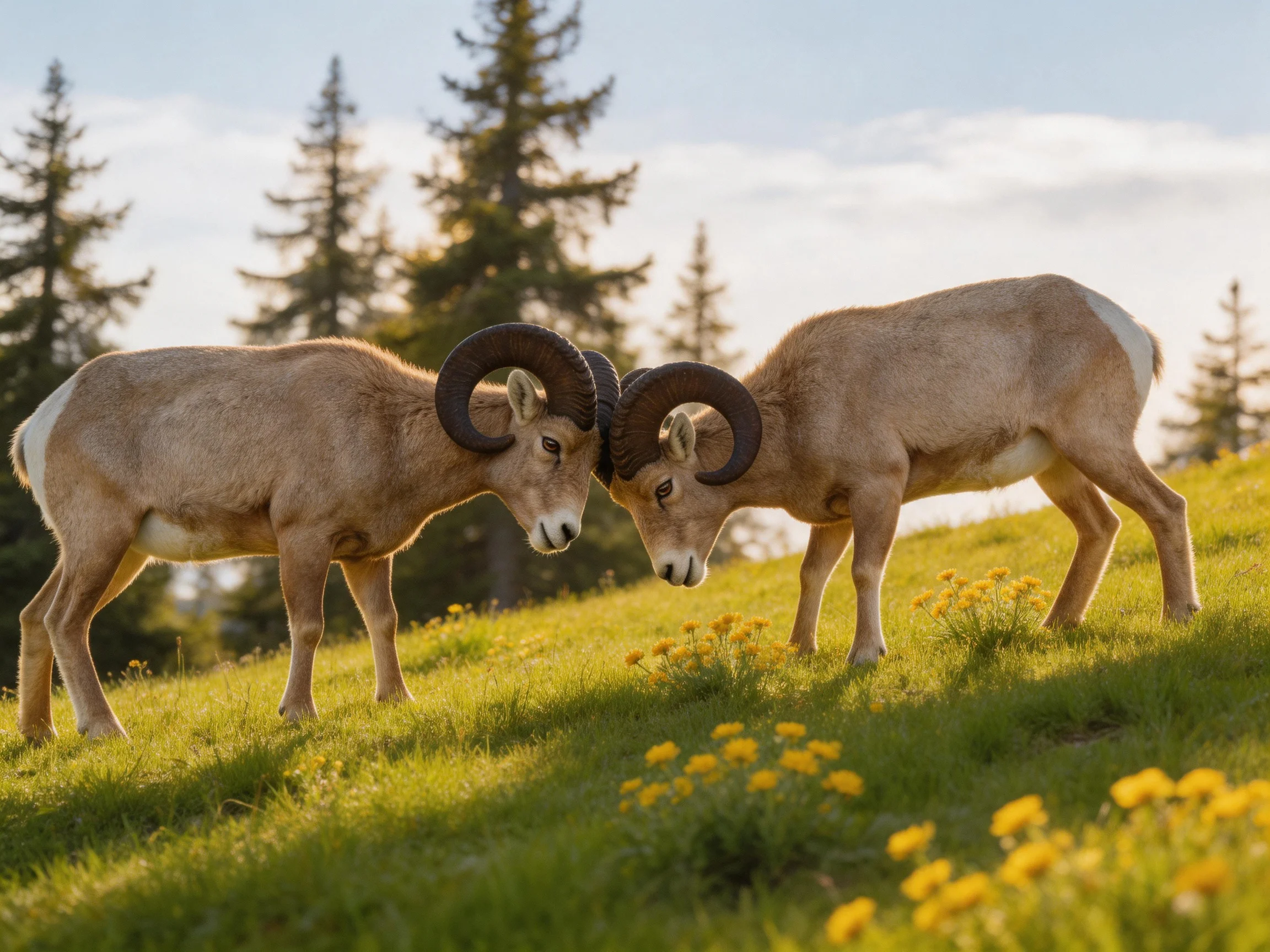 Two bighorn sheep interact on a flowered grassy hillside.