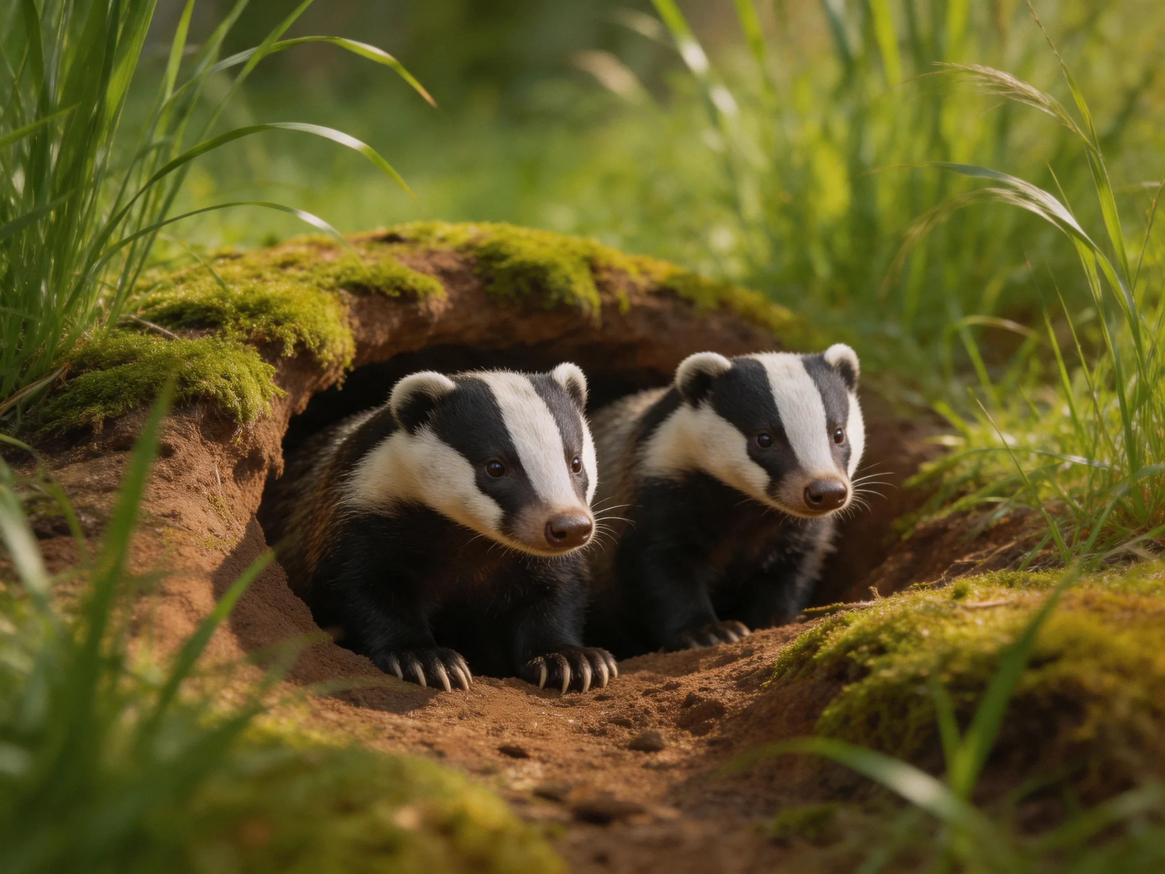 Two badgers peer out of a moss-lined earth tunnel amid lush greenery.