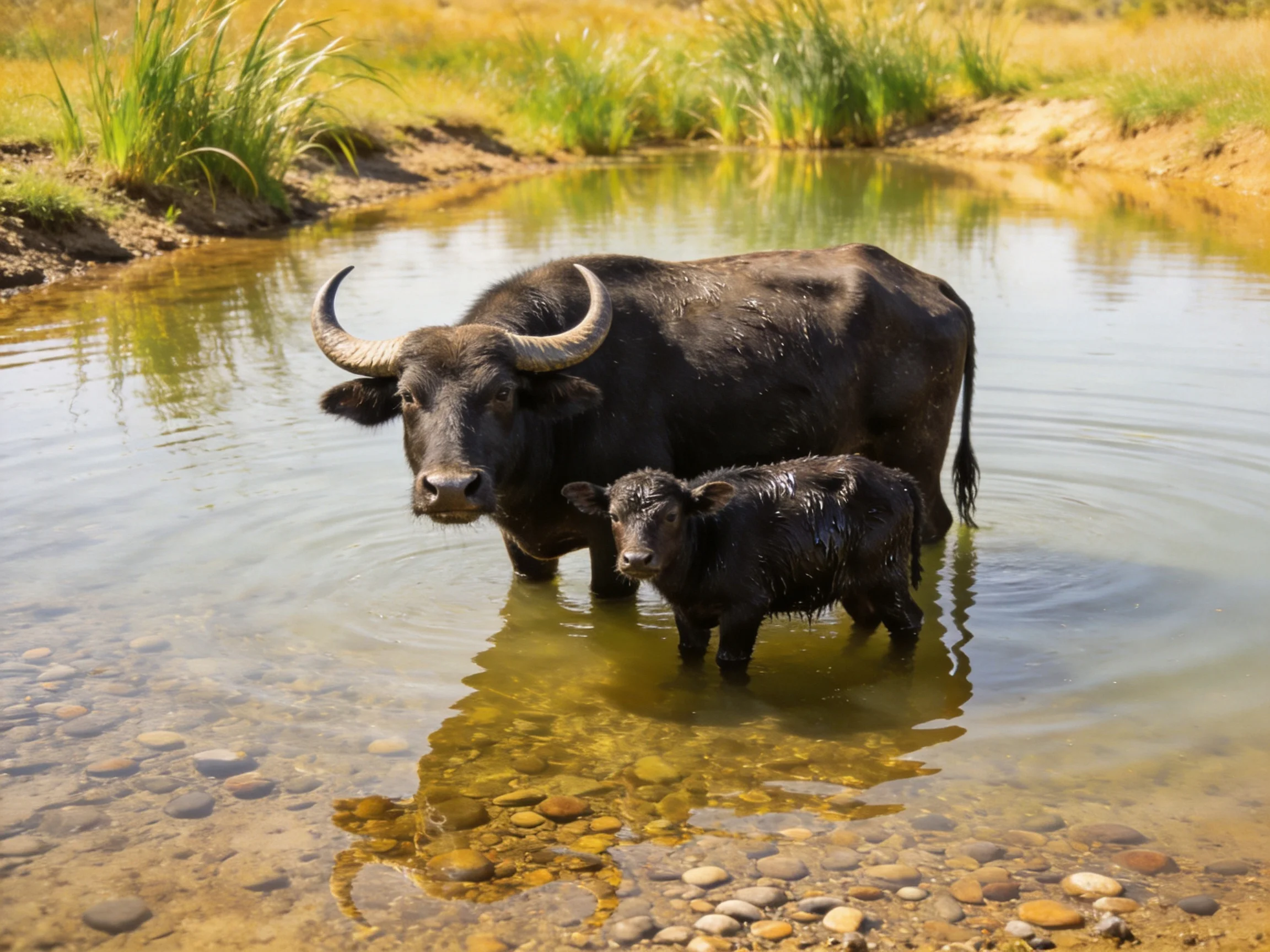 Two black buffaloes, one large and one small, stand in shallow clear water near green vegetation.
