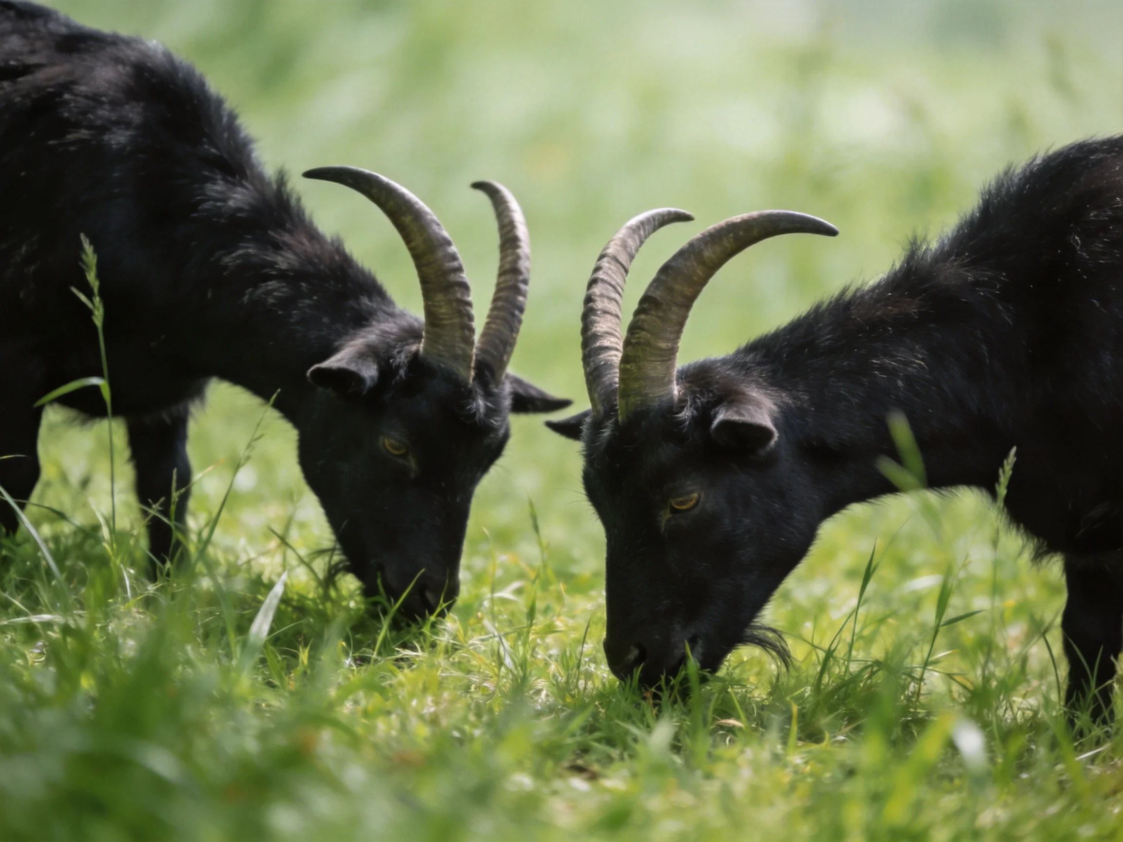 Two black horned goats graze together in a grassy field