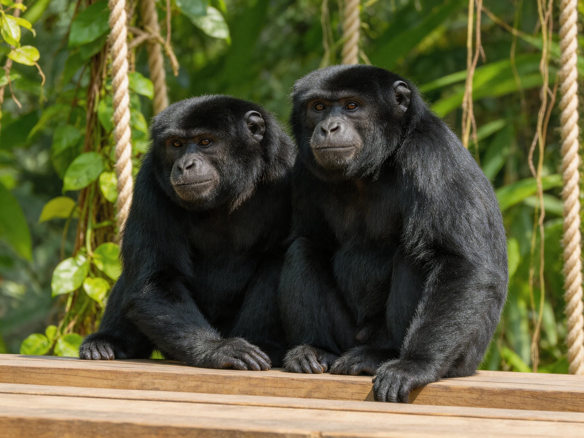 Two black primates sit closely on a wooden platform