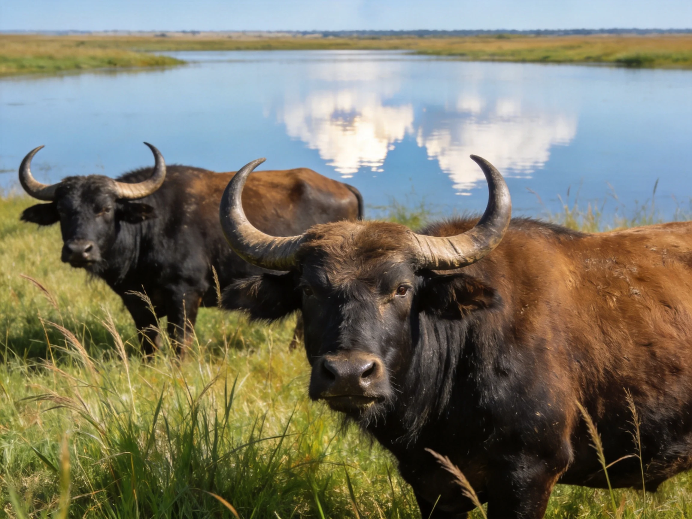 Buffaloes of brown and black hues gather near a tranquil blue water body.