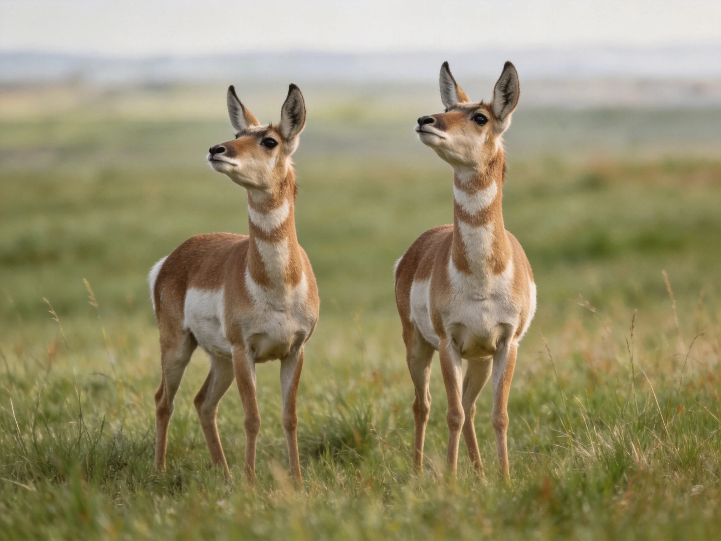 Two brown-and-white antelopes stand alert in a sunlit grassy landscape.