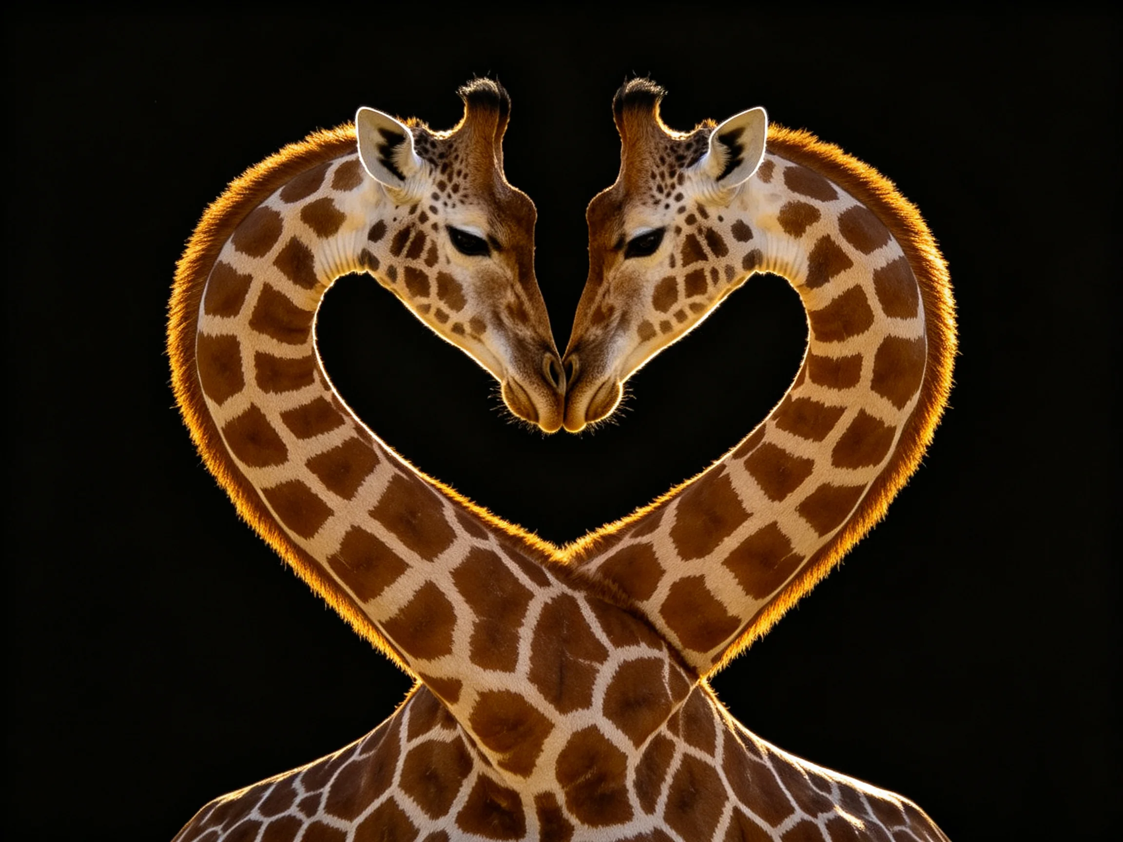 Two giraffes form a heart shape with their necks on a dark background.