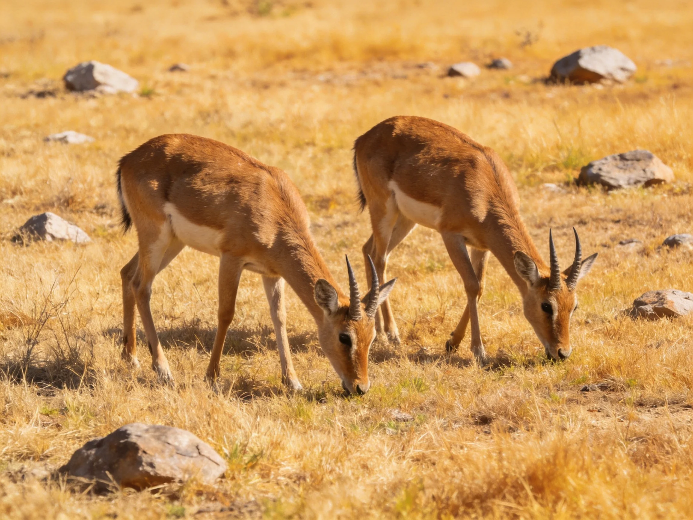 Two brown antelopes graze in a golden, rocky savannah