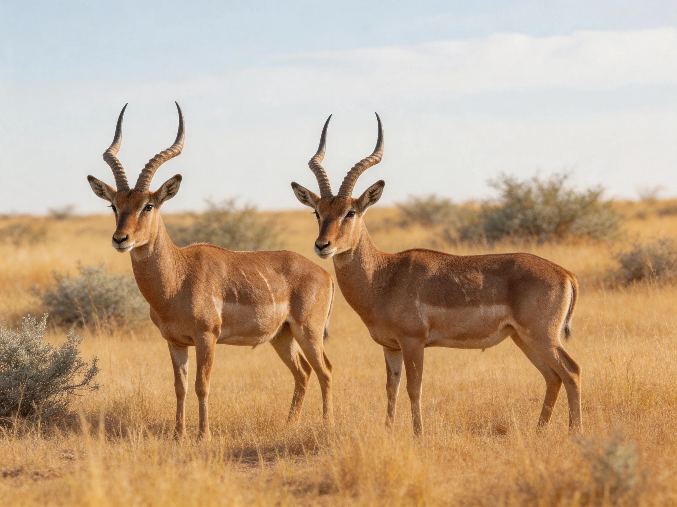 Two brown antelopes stand together in a savannah with dry vegetation.