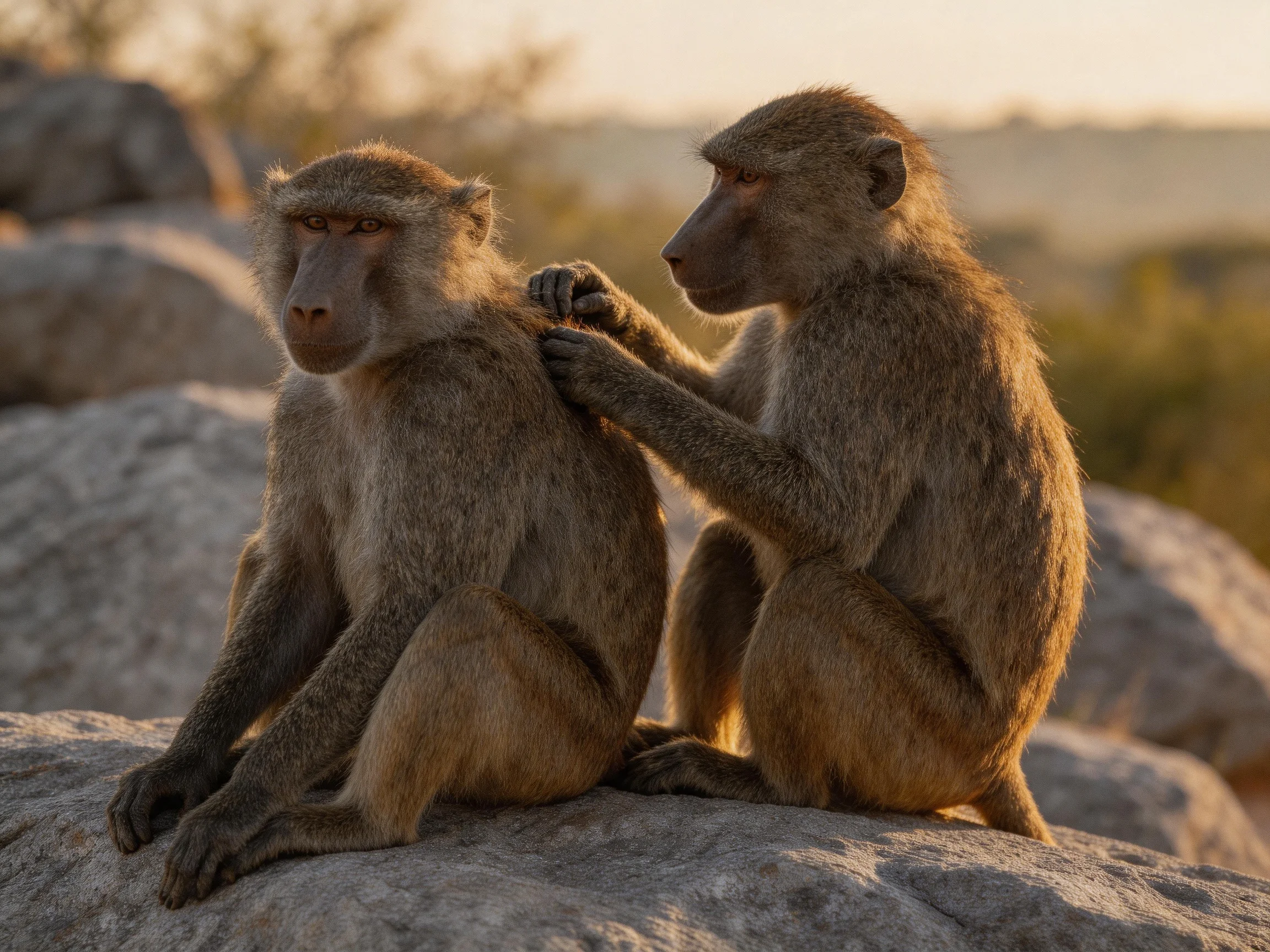 Two brown baboons groom each other on large gray rocks under warm sunlight