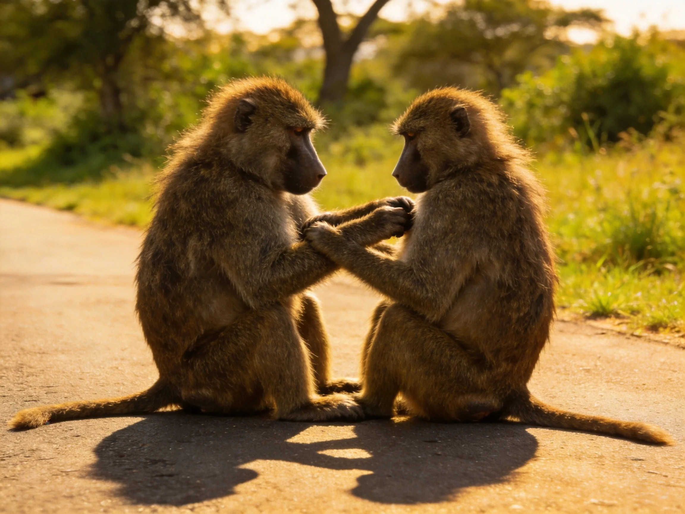 Two brown baboons interact on a sunlit paved path near greenery