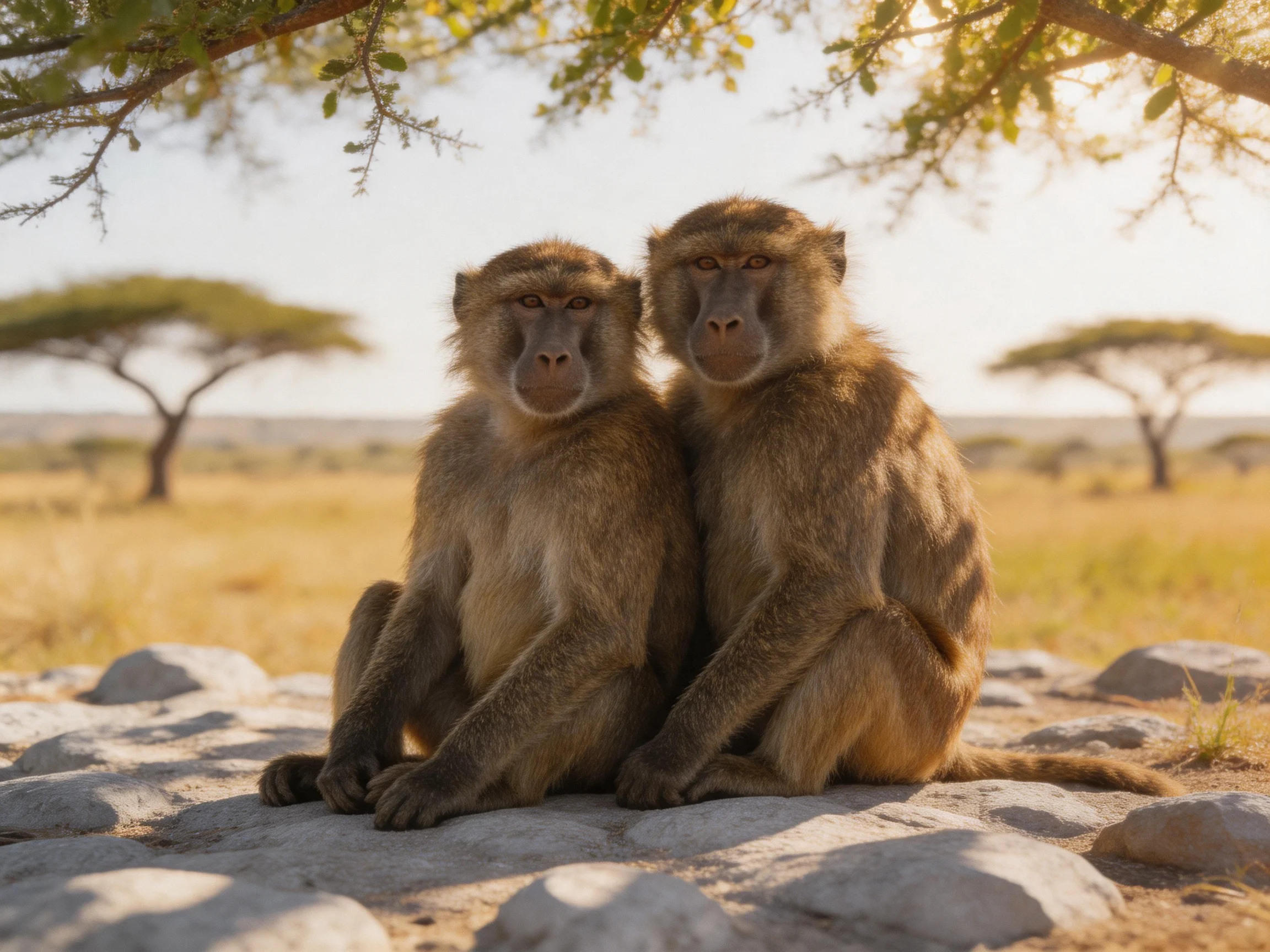 Two brown baboons sit closely together on rocky terrain beneath acacia trees