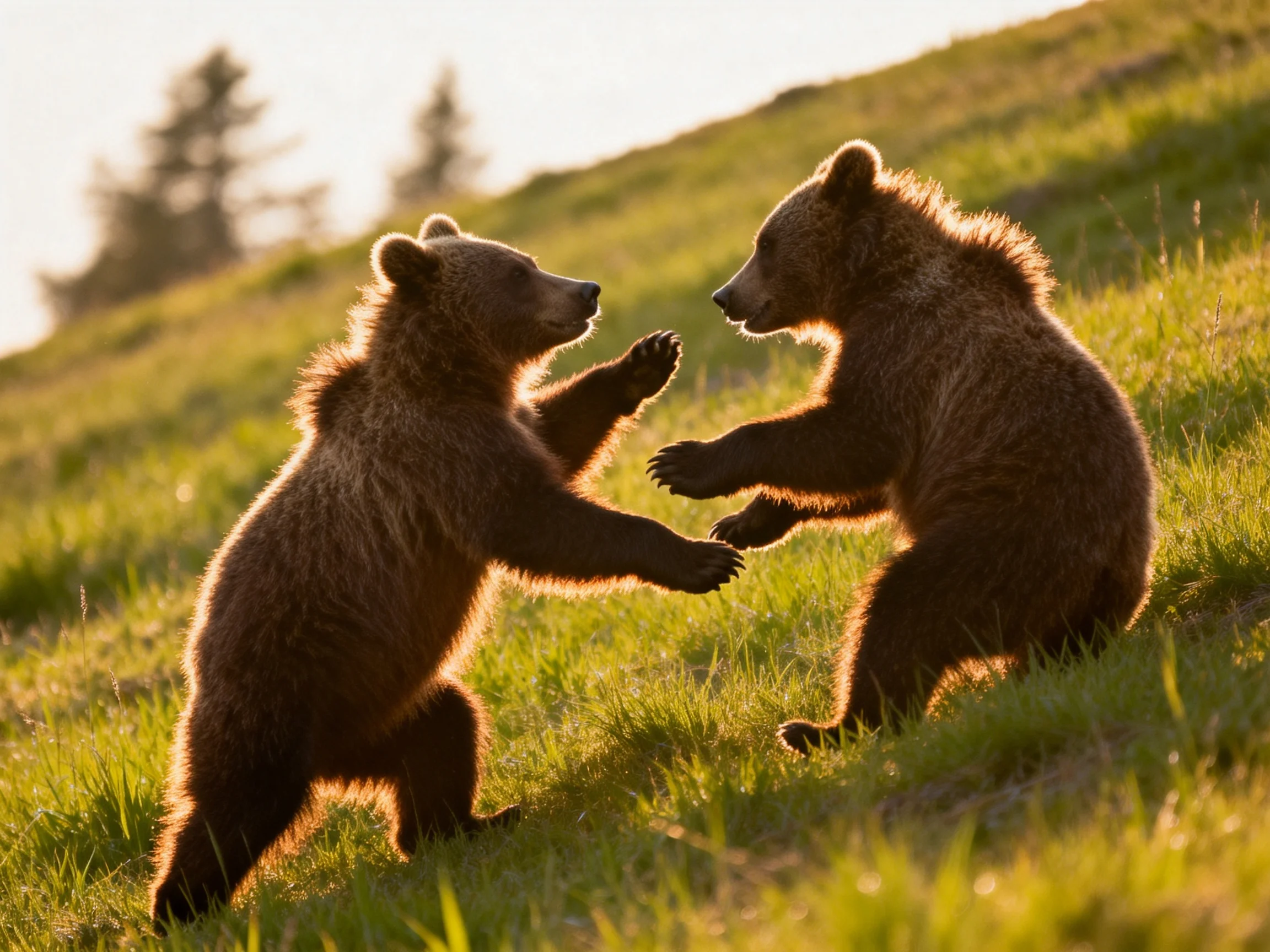 Two brown bear cubs playfully interacting on a sunlit grassy slope