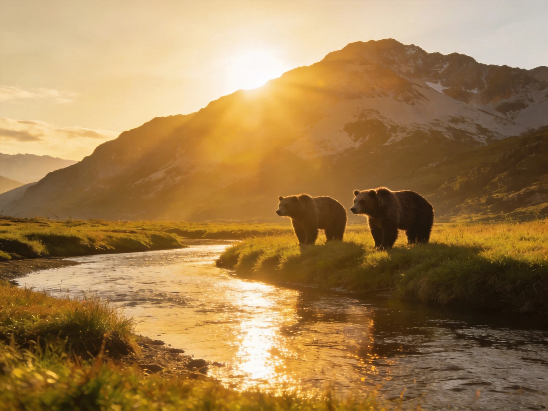 Two brown bears by a glistening stream near snow-capped mountains at golden hour