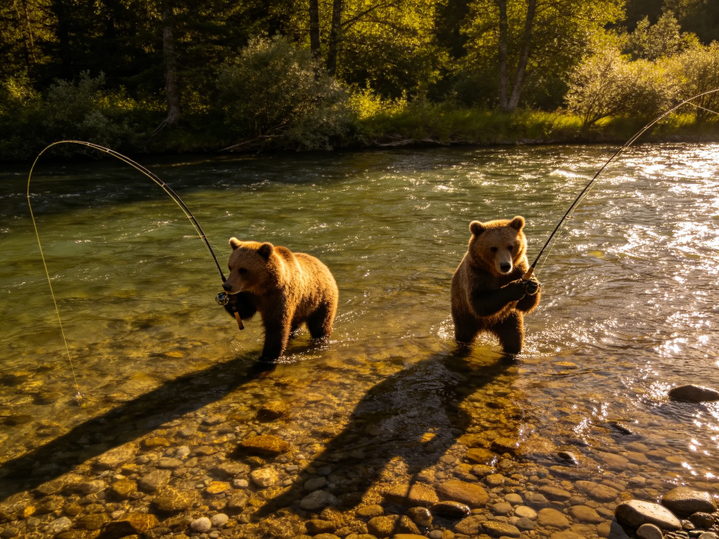 Two brown bears fish in a sunlit clear river with rocky streambeds