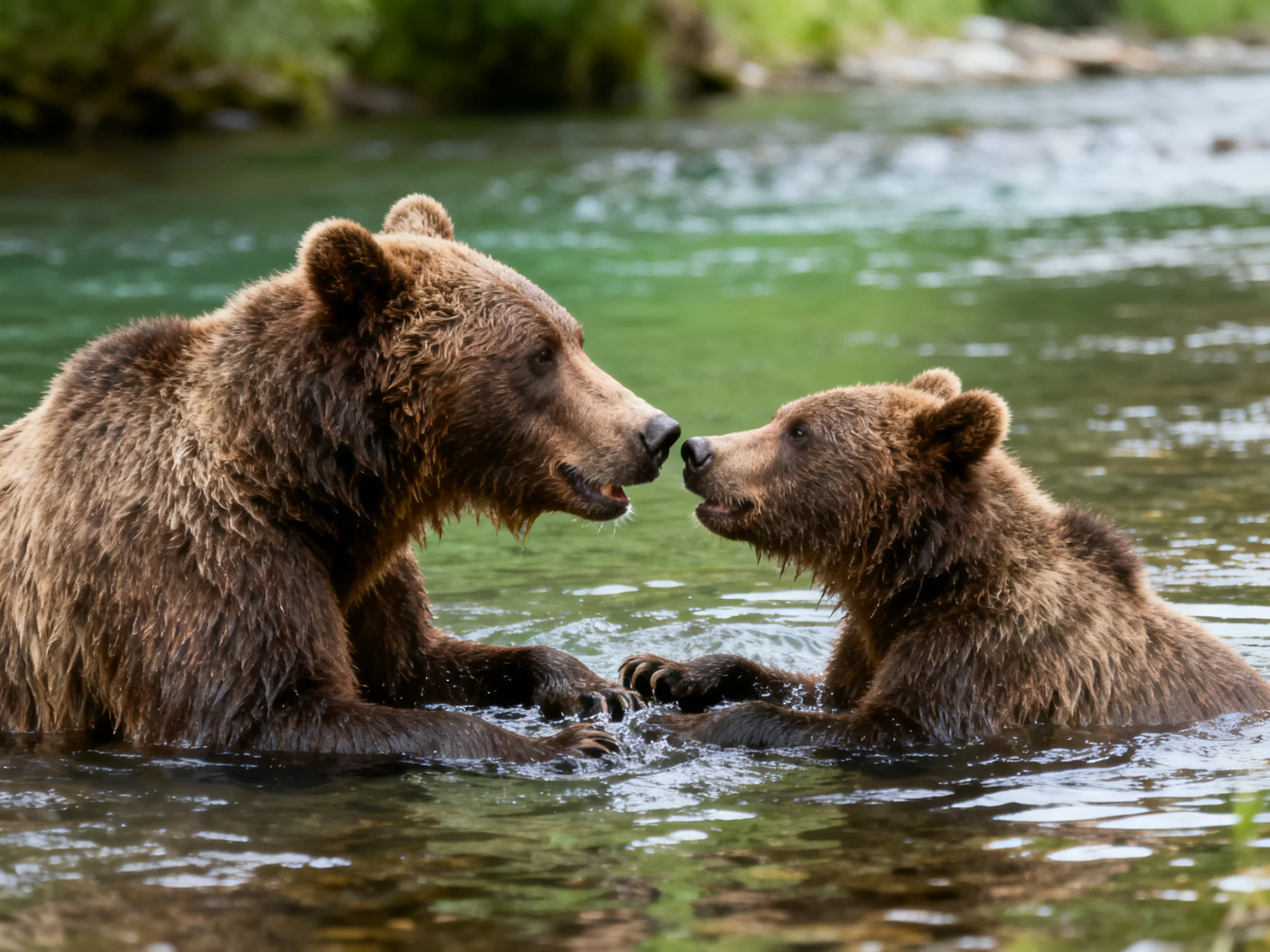 Two brown bears interact closely in clear green river waters
