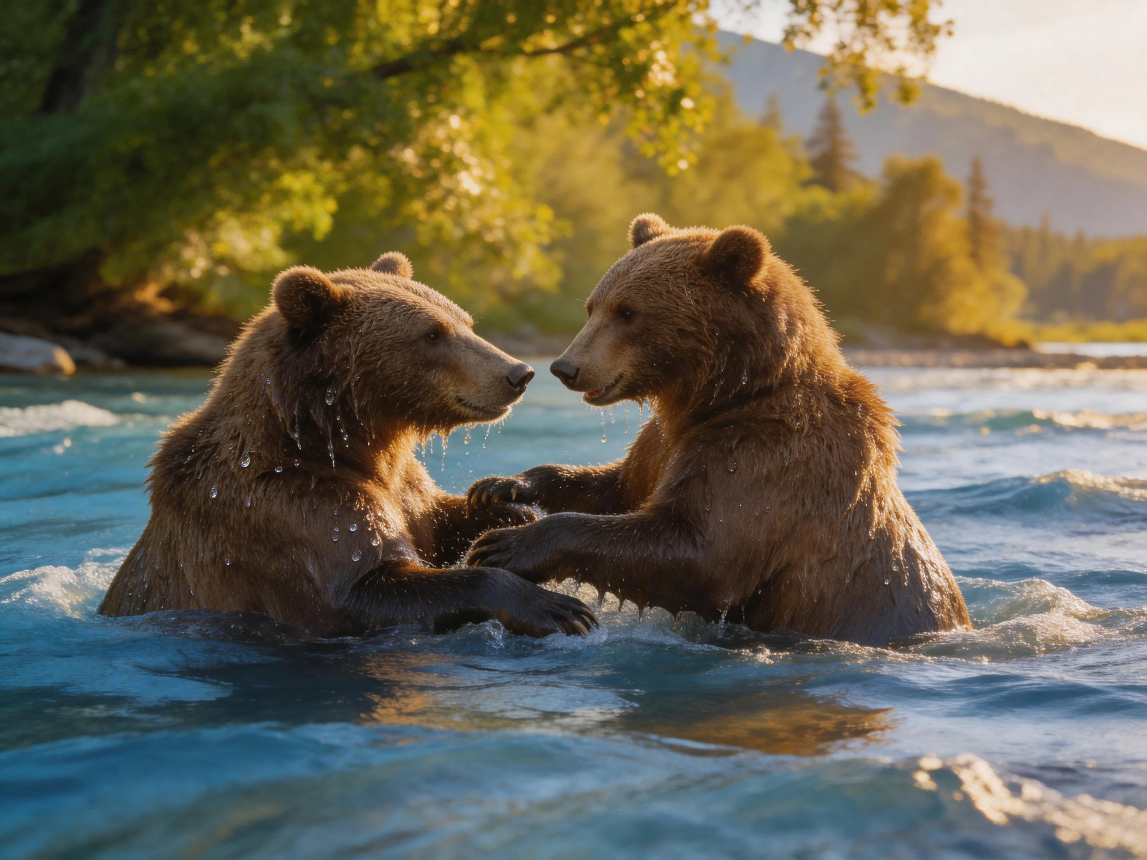 Two brown bears interact in a clear blue river near green trees