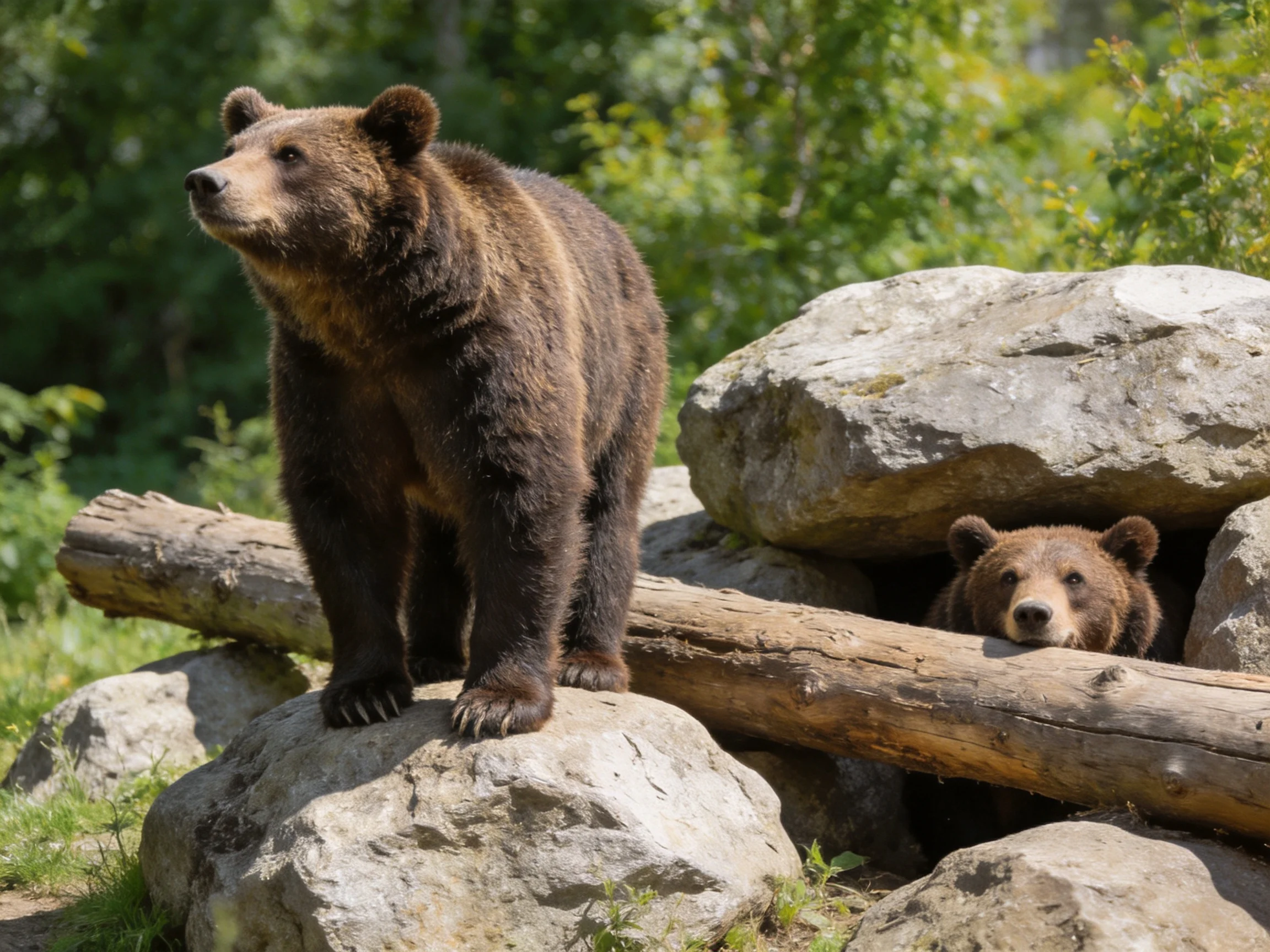 Two brown bears near large rocks and a fallen log in verdant surroundings