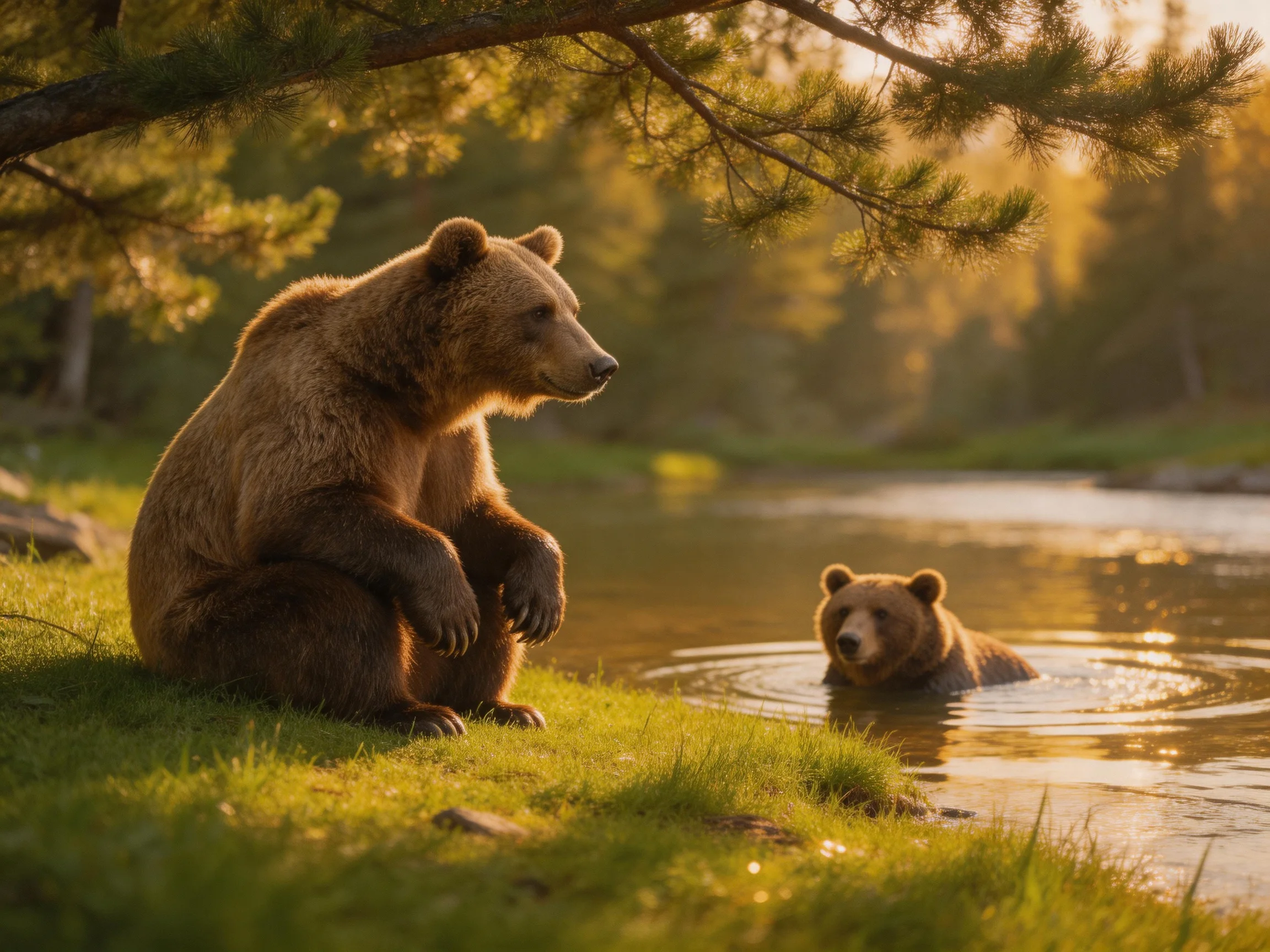 Two brown bears—one seated, one swimming—by a sunlit stream in a pine forest