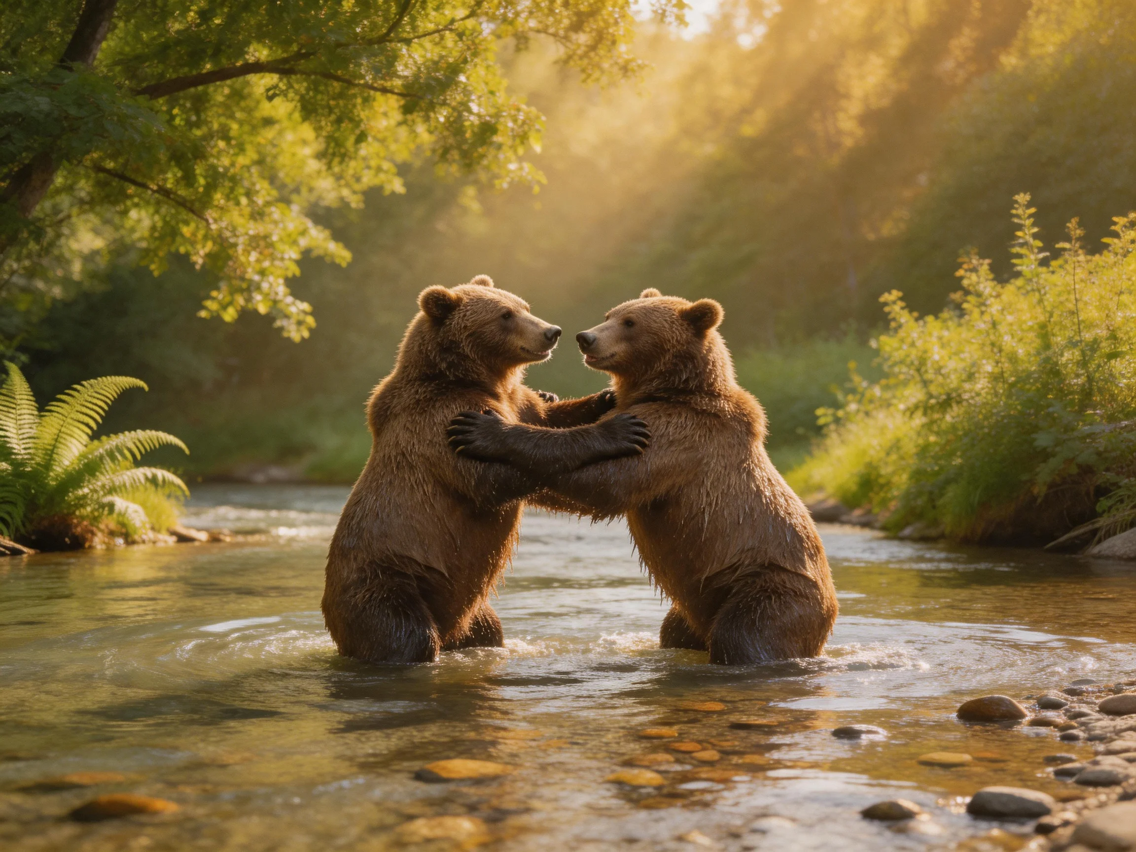 Two brown bears playfully interact in a sunlit forest stream