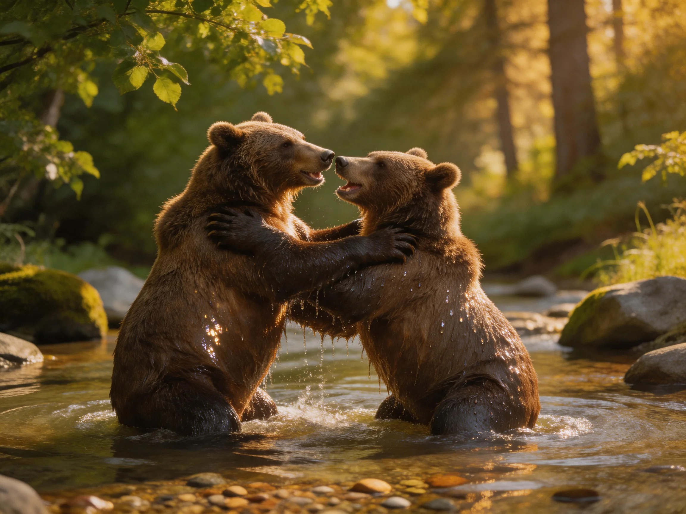 Two brown bears playfully interacting in a sunlit forest stream
