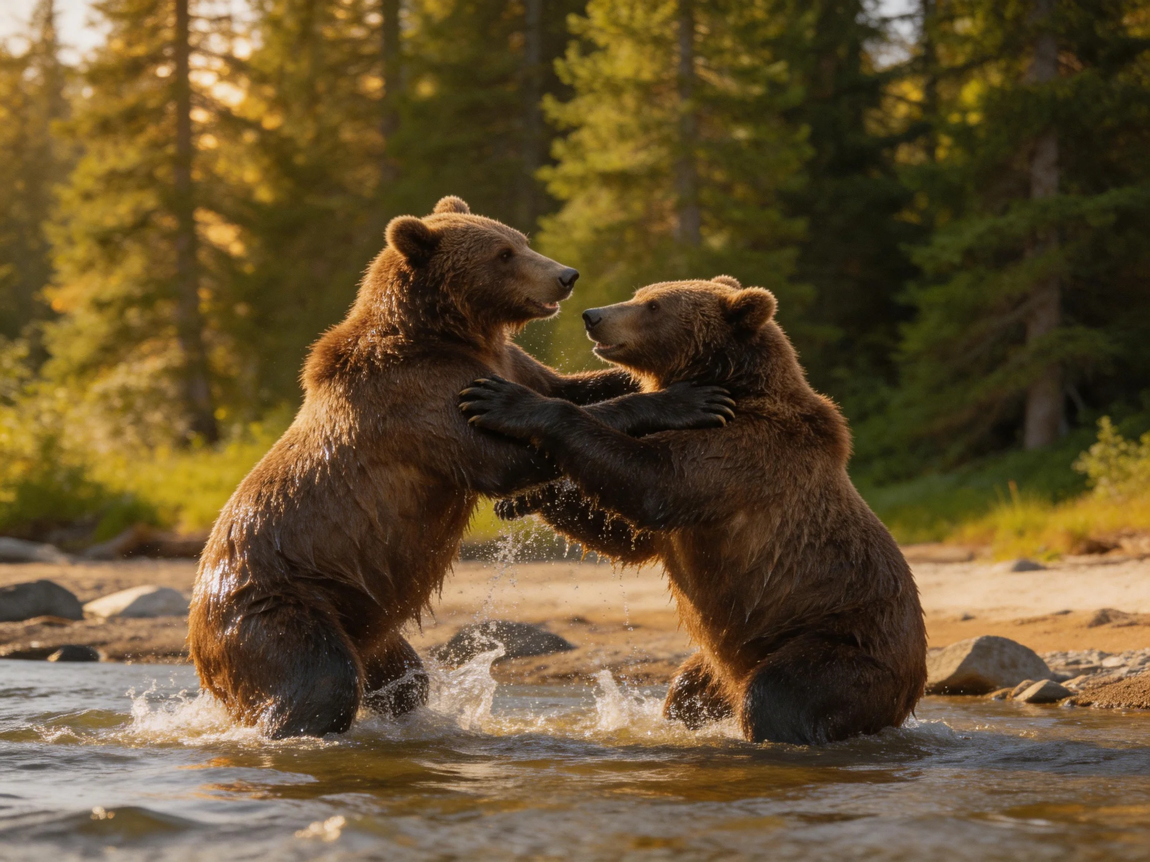 Two brown bears playfully sparring in a shallow stream beside forest