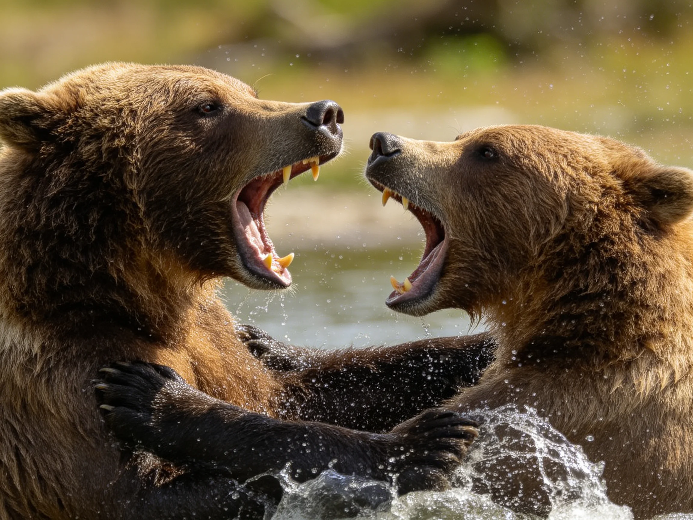 Two brown bears spar fiercely in splashing river waters