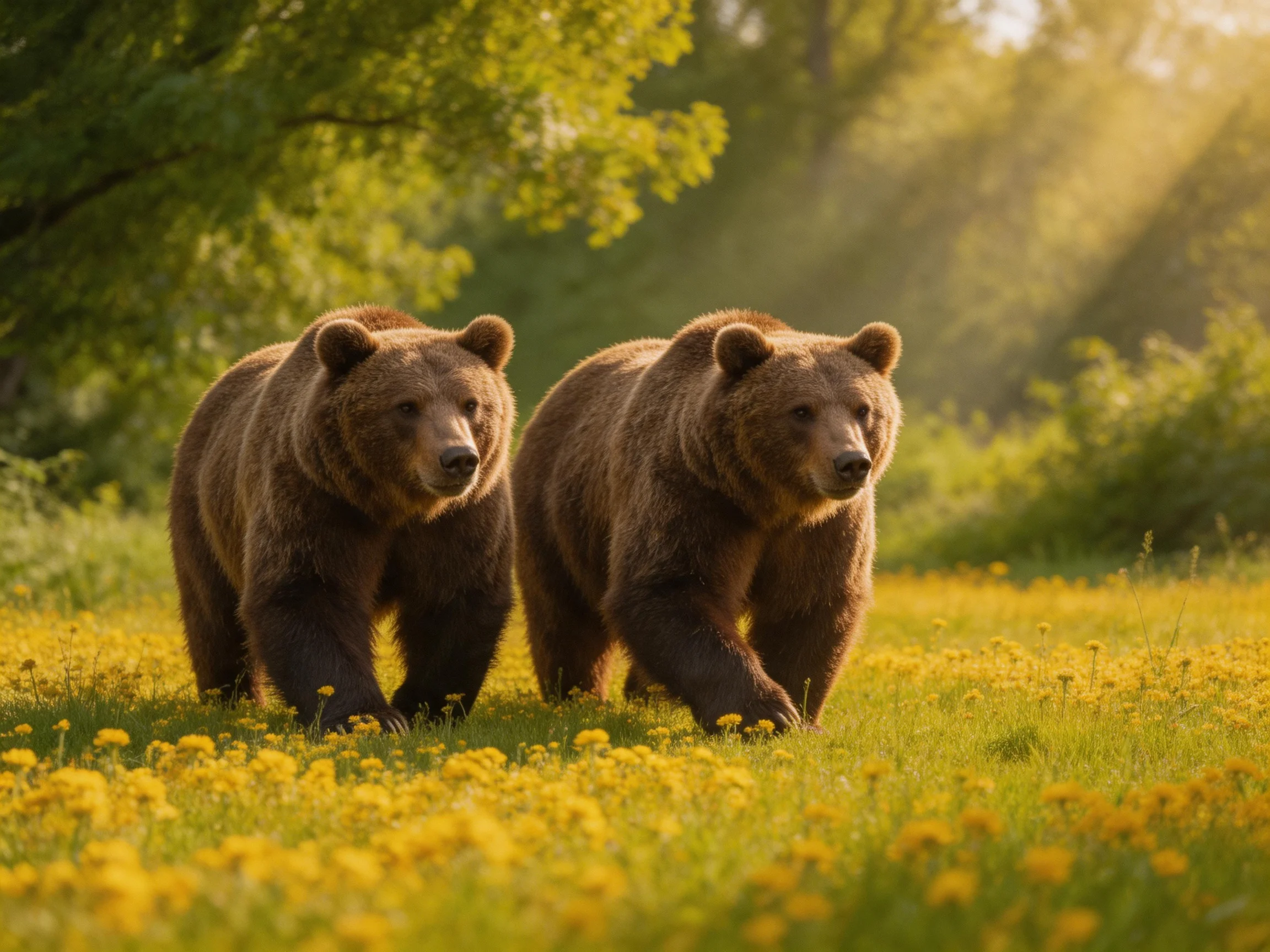 Two brown bears stroll through a sunlit meadow of yellow wildflowers