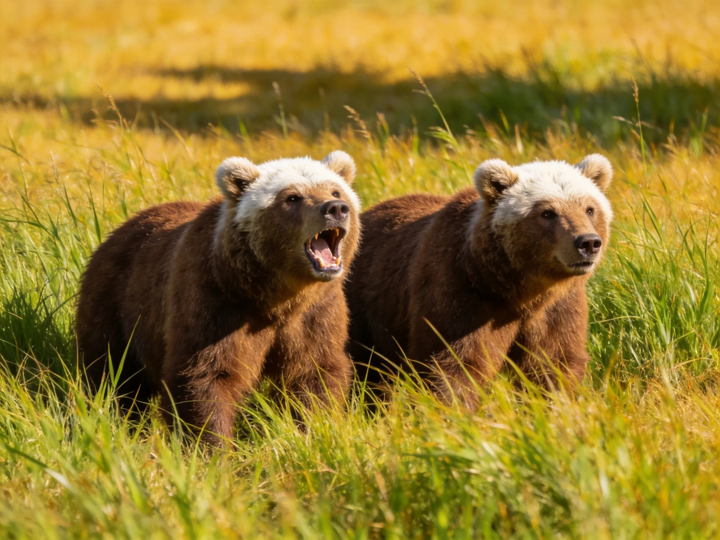 Two brown bears with white heads walk through golden grass