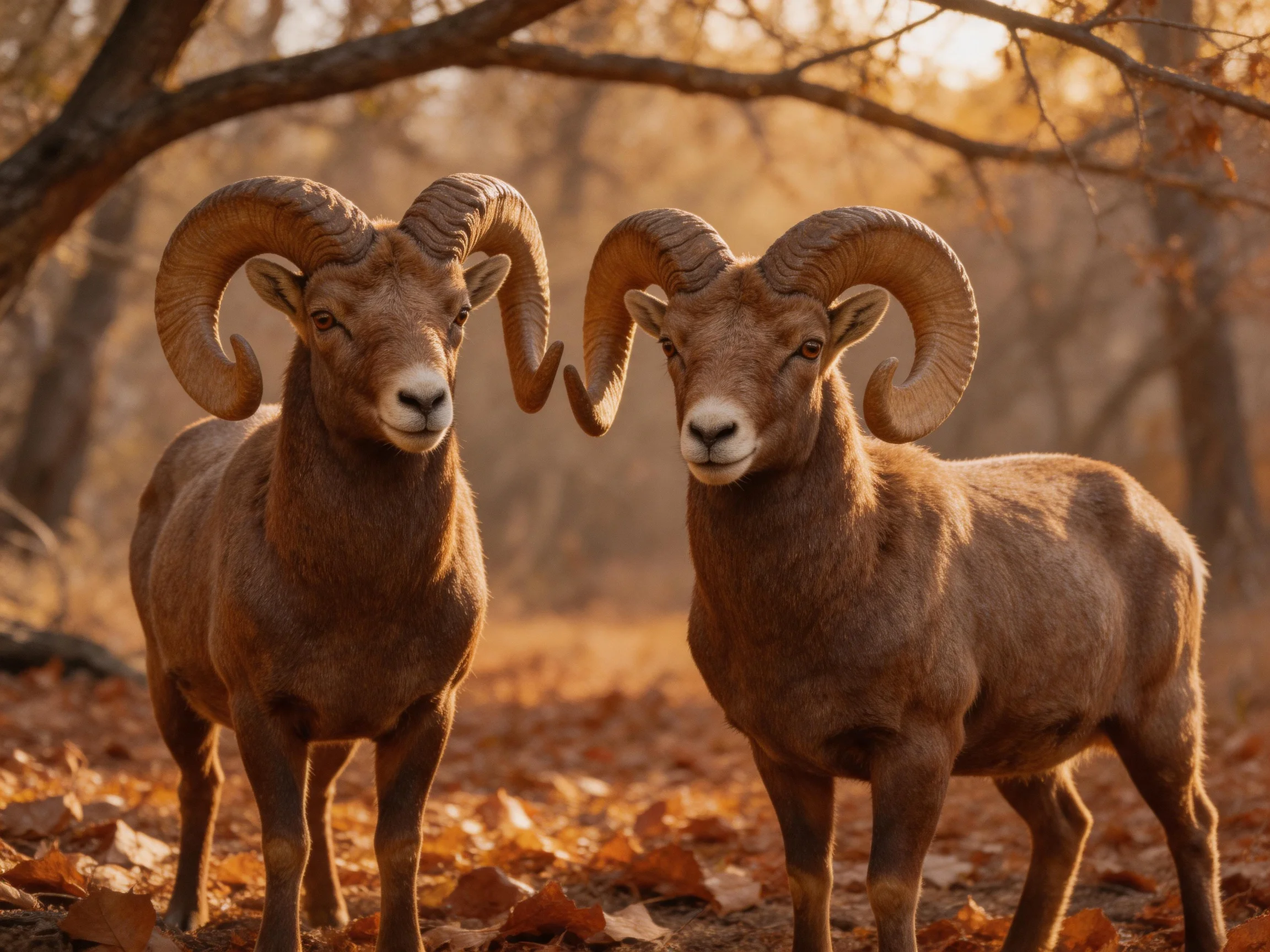 Two brown bighorn rams stand together in an autumn forest
