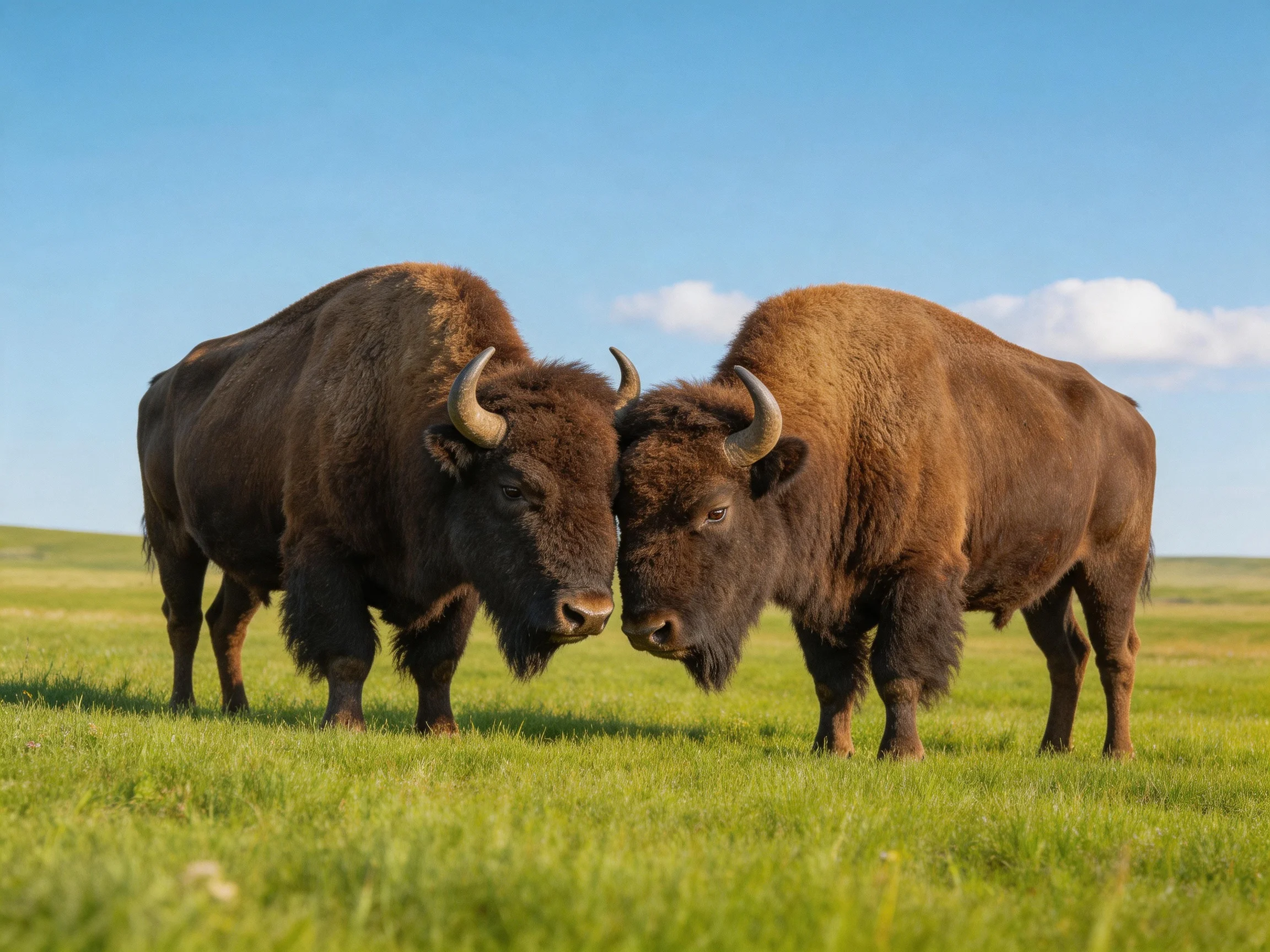 Two brown bison nuzzling in a lush green meadow under bright blue sky
