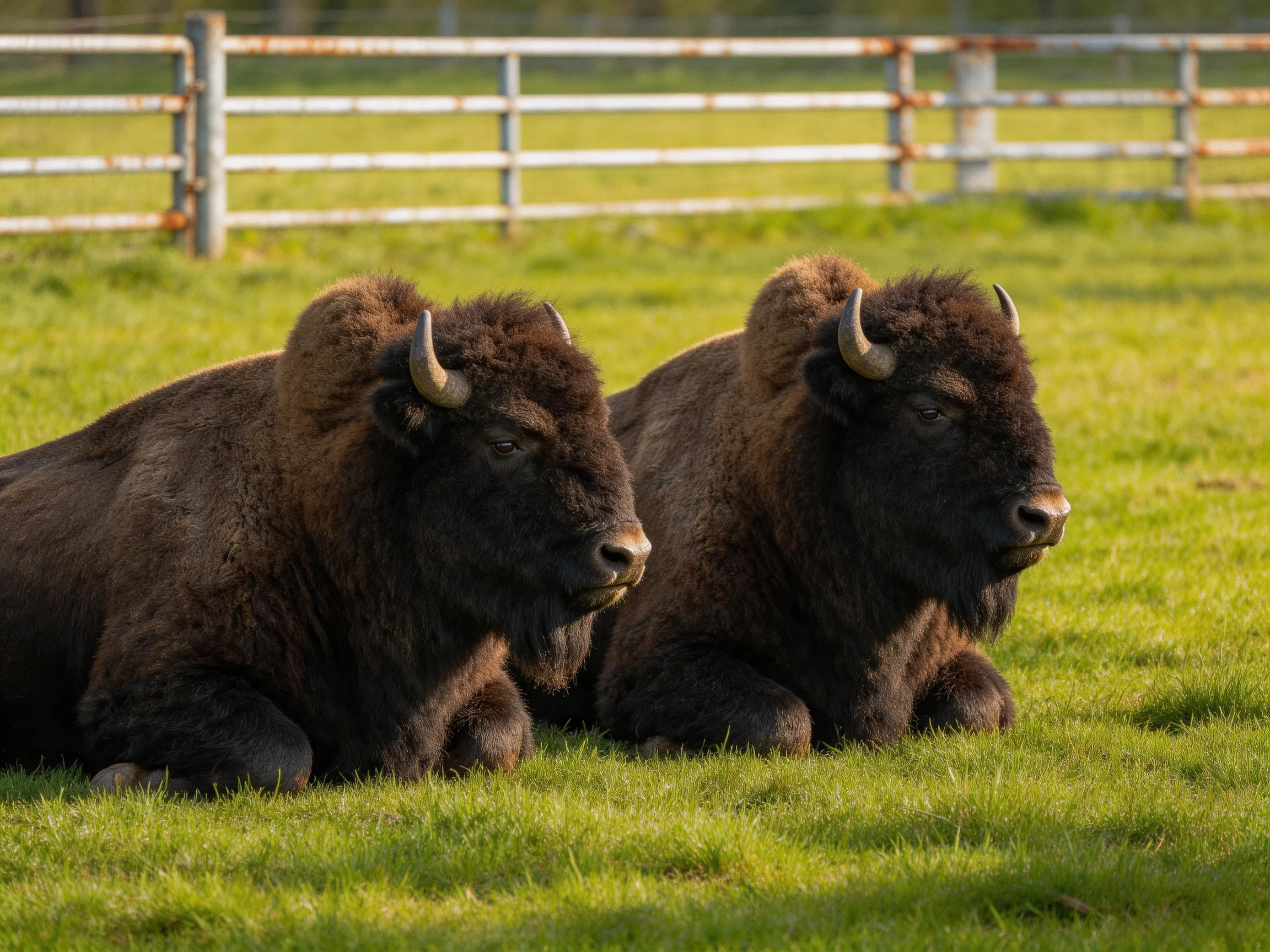 Two brown bison rest on lush green grass near a metal fence