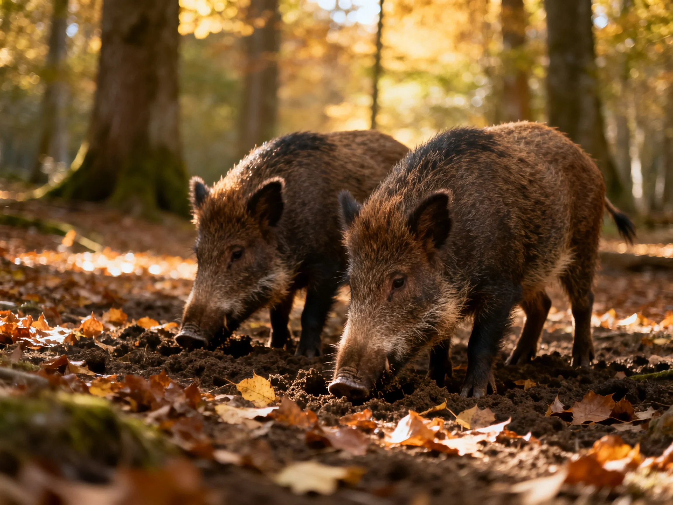 Two brown boars forage among fallen leaves in a sunlit forest.